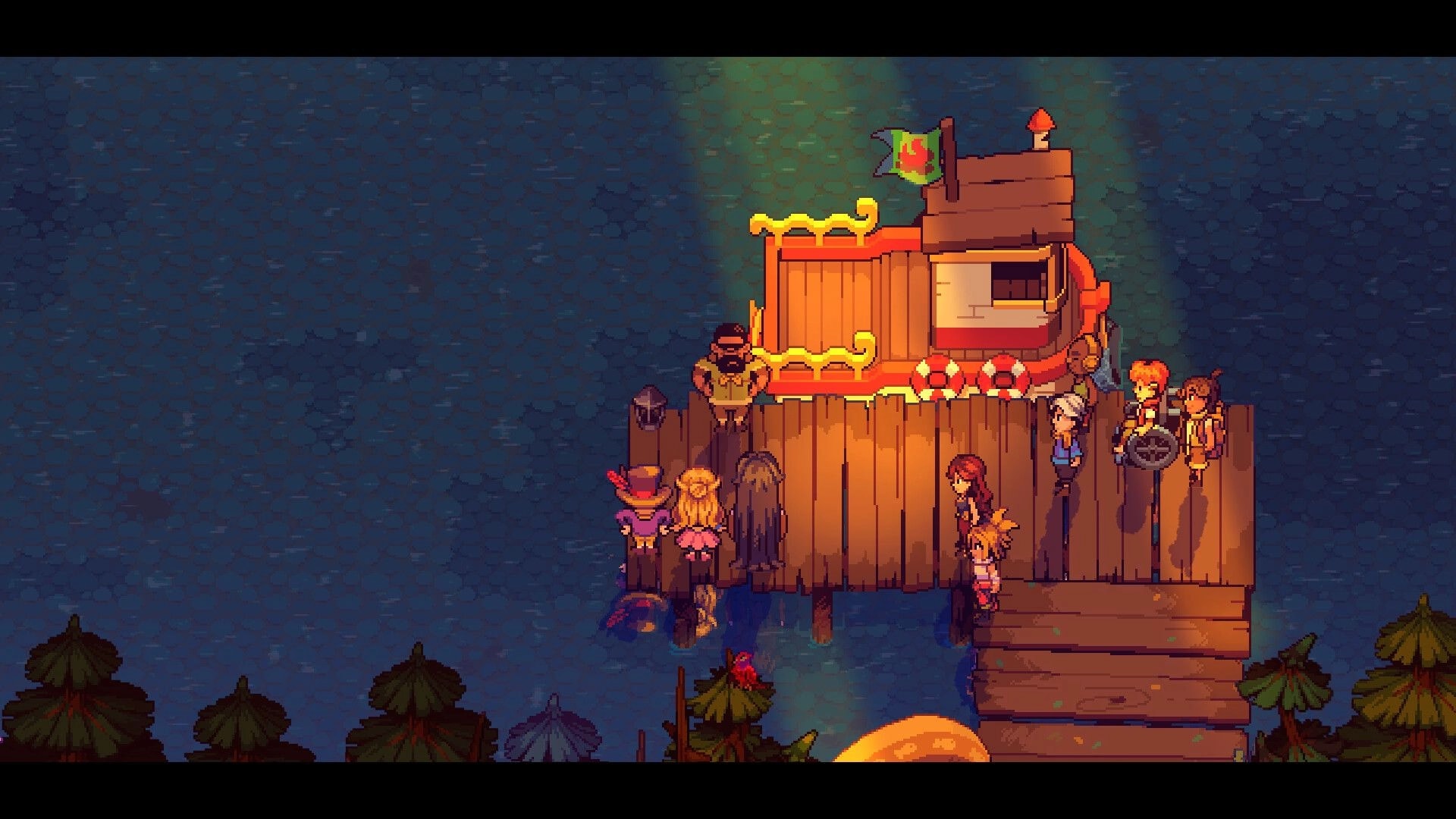 Farming Camp: Campers crowd a wooden dock by a lit boat at night on a dark lake shoreline.