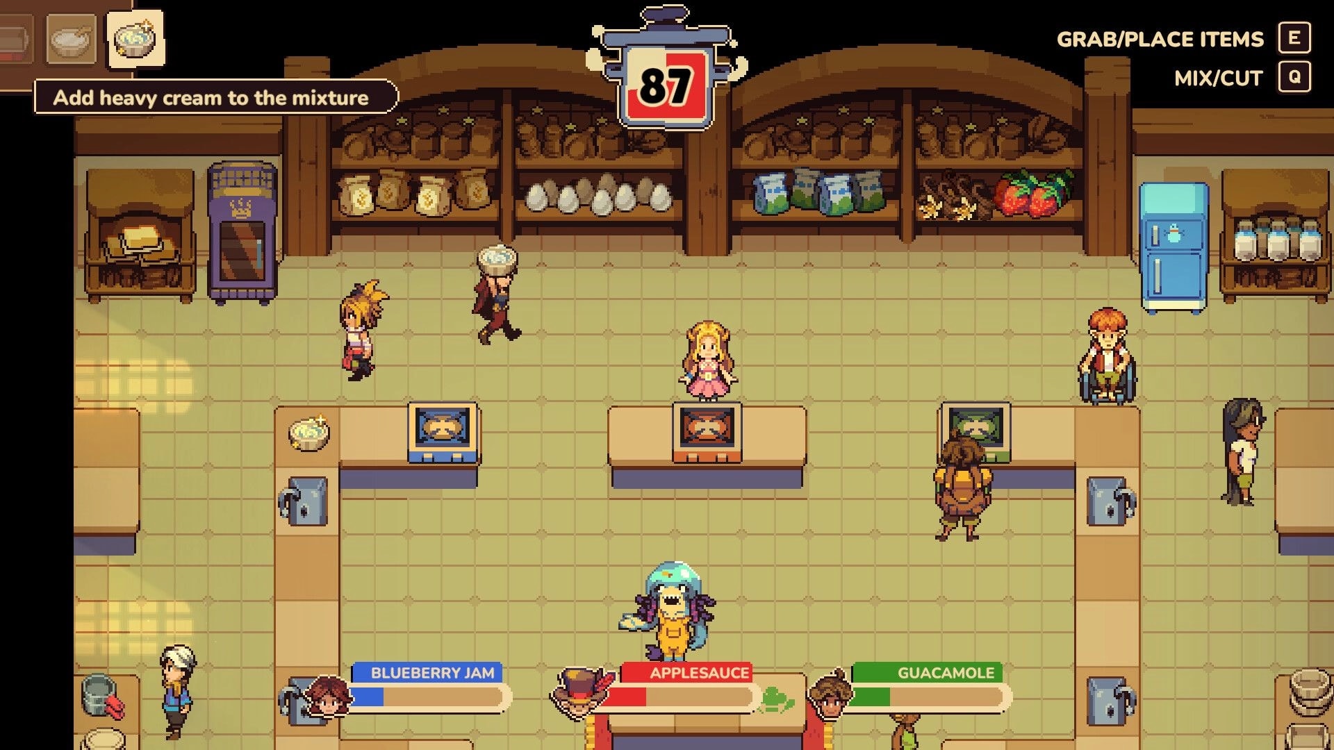 Farming Camp: Cooking contest UI to add heavy cream in a kitchen with jam, applesauce, guacamole bars.