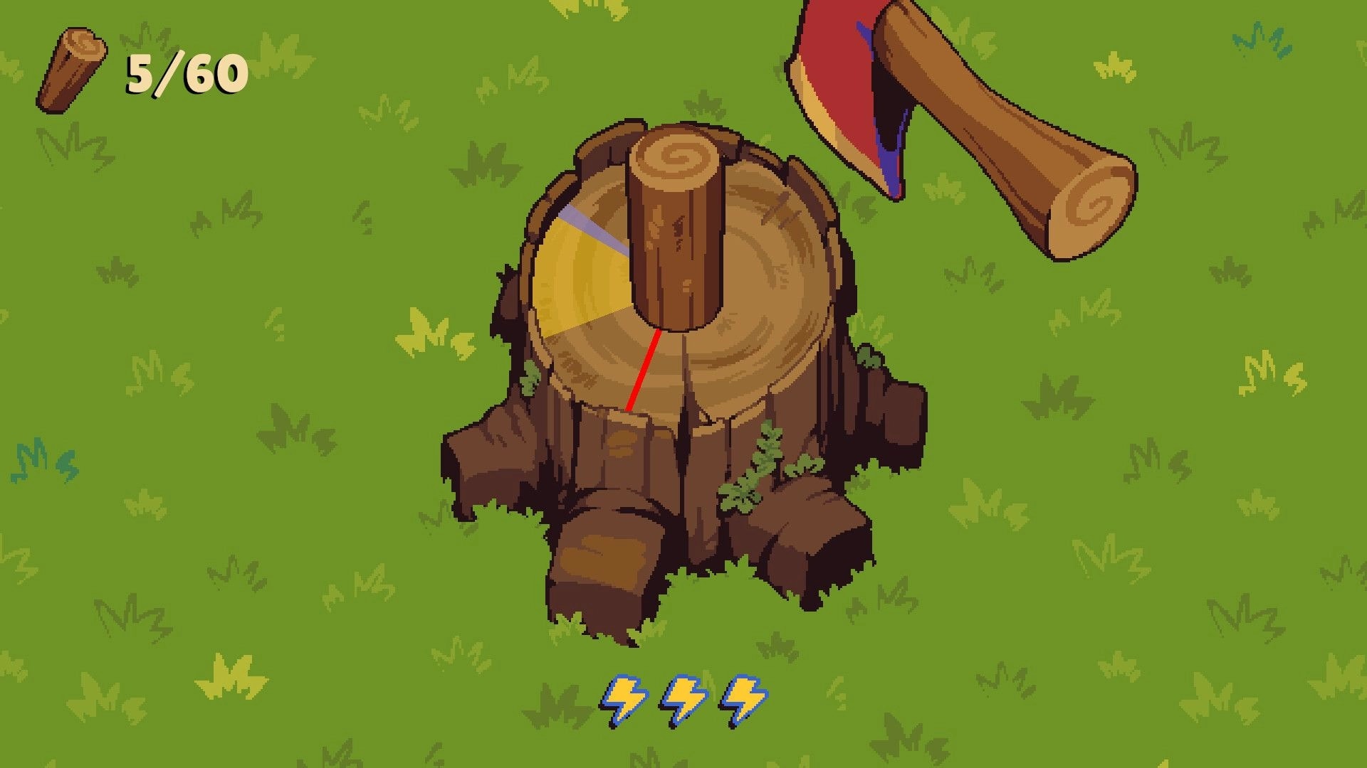 Farming Camp: Chopping a tree stump with an axe, log counter 5/60 and three energy icons on grass field.