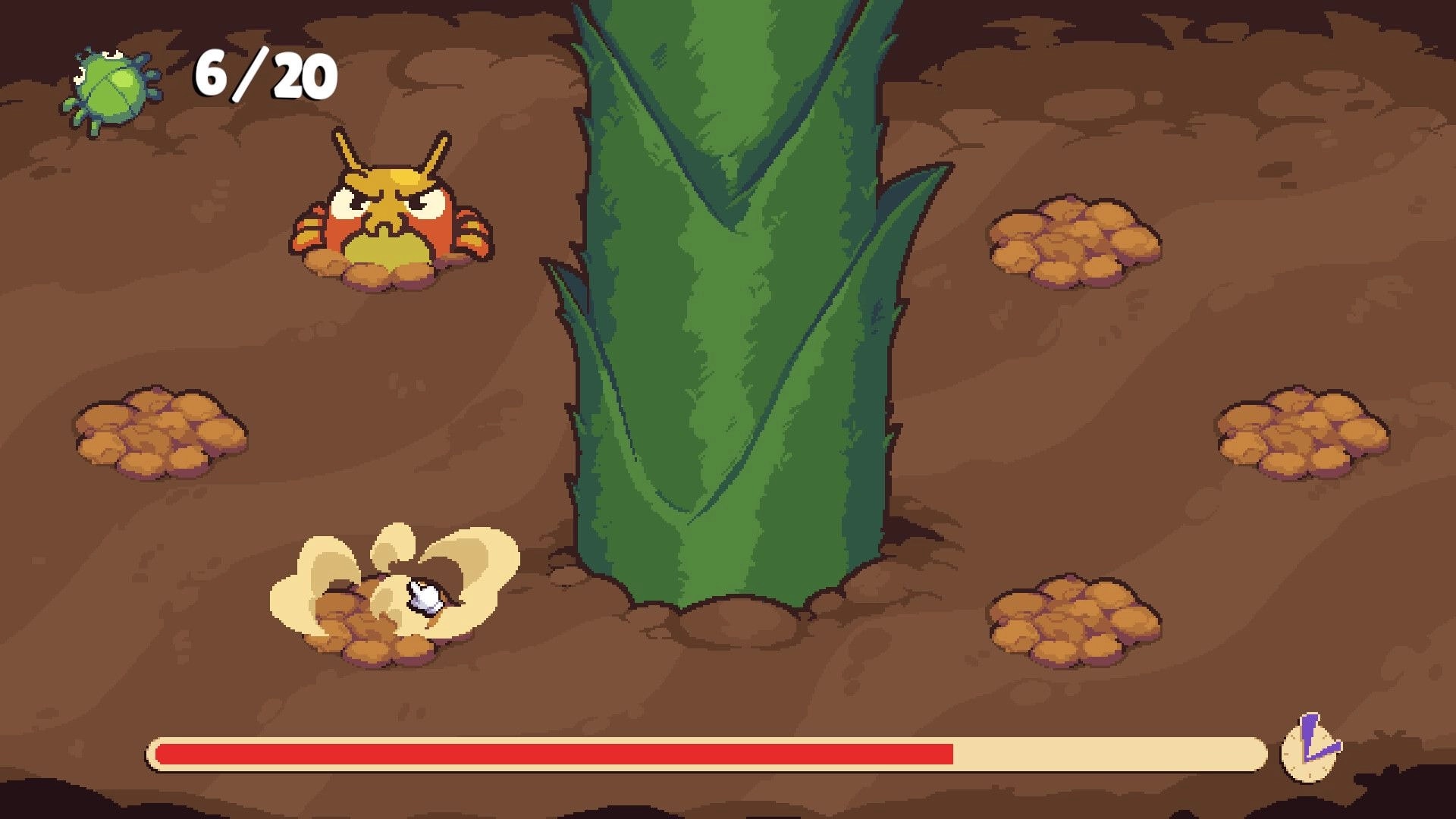 Farming Camp: Whack-a-mole minigame with pests popping from dirt holes around a tall plant stalk.