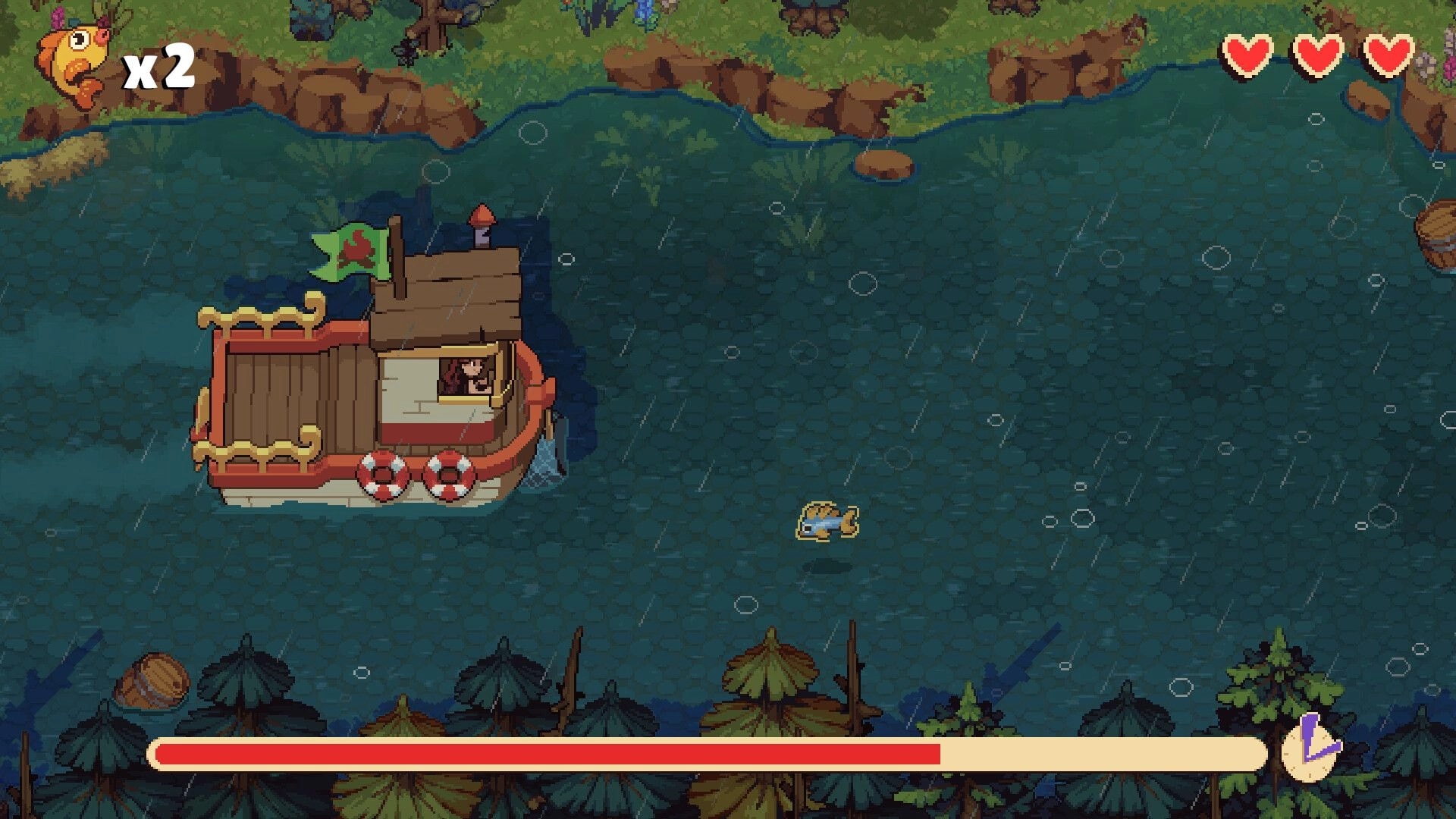 Farming Camp: Small boat drifting in rainy river with fish counter, hearts, and progress bar UI.