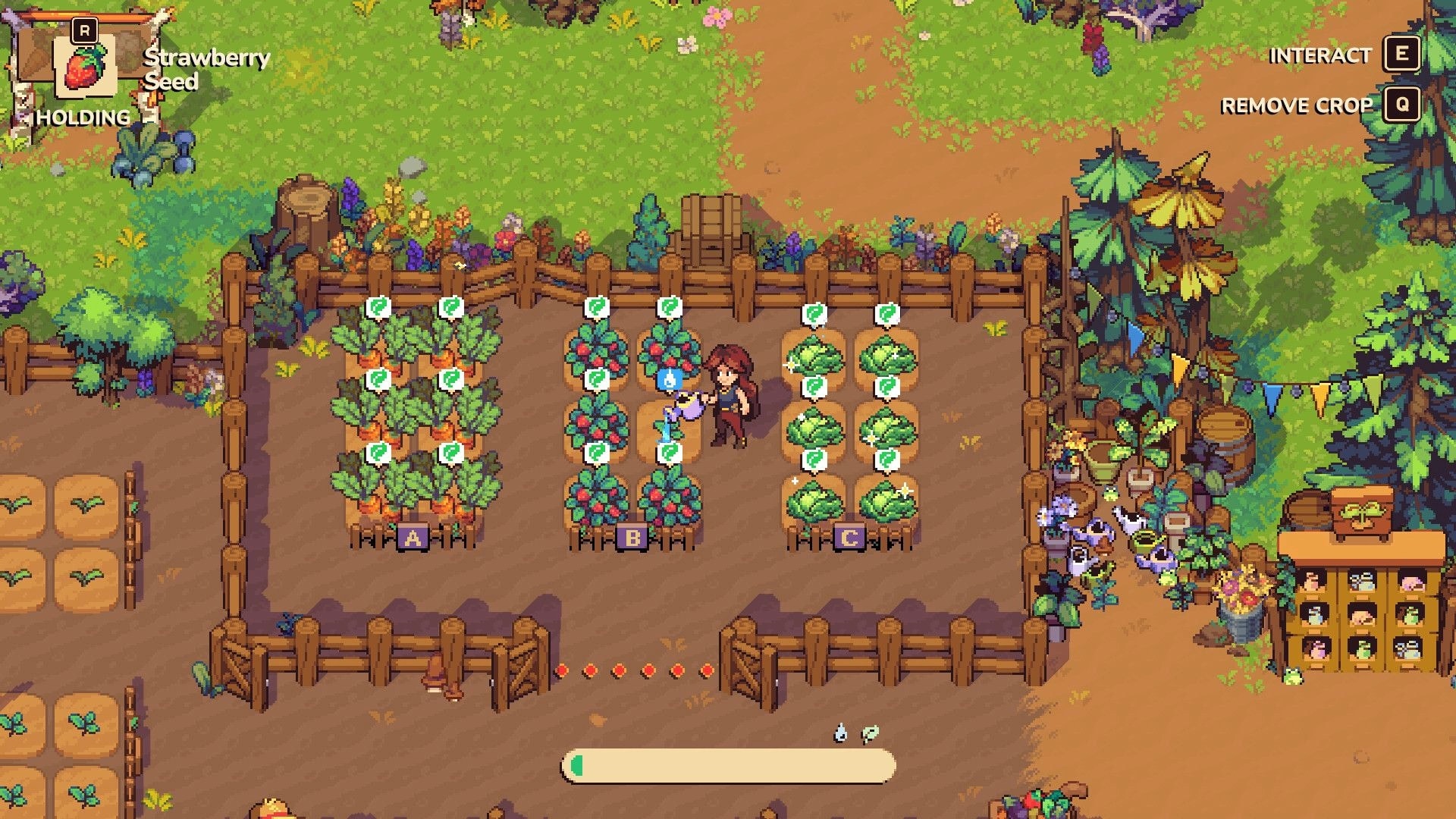 Farming Camp: Player waters strawberry and lettuce plots in fenced garden with seed and interact prompts.
