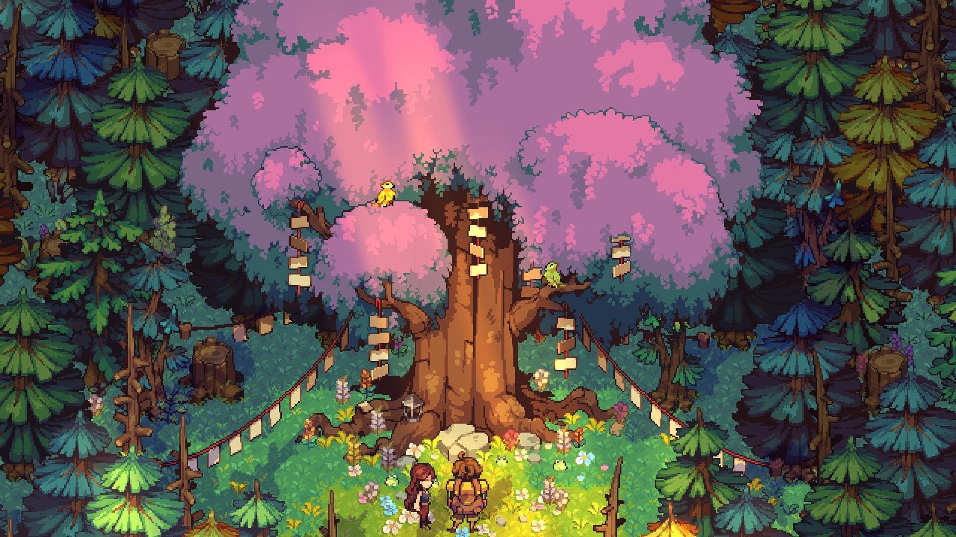 Farming Camp: Two campers stand by a giant pink-leaved tree in a lantern-lit forest clearing.