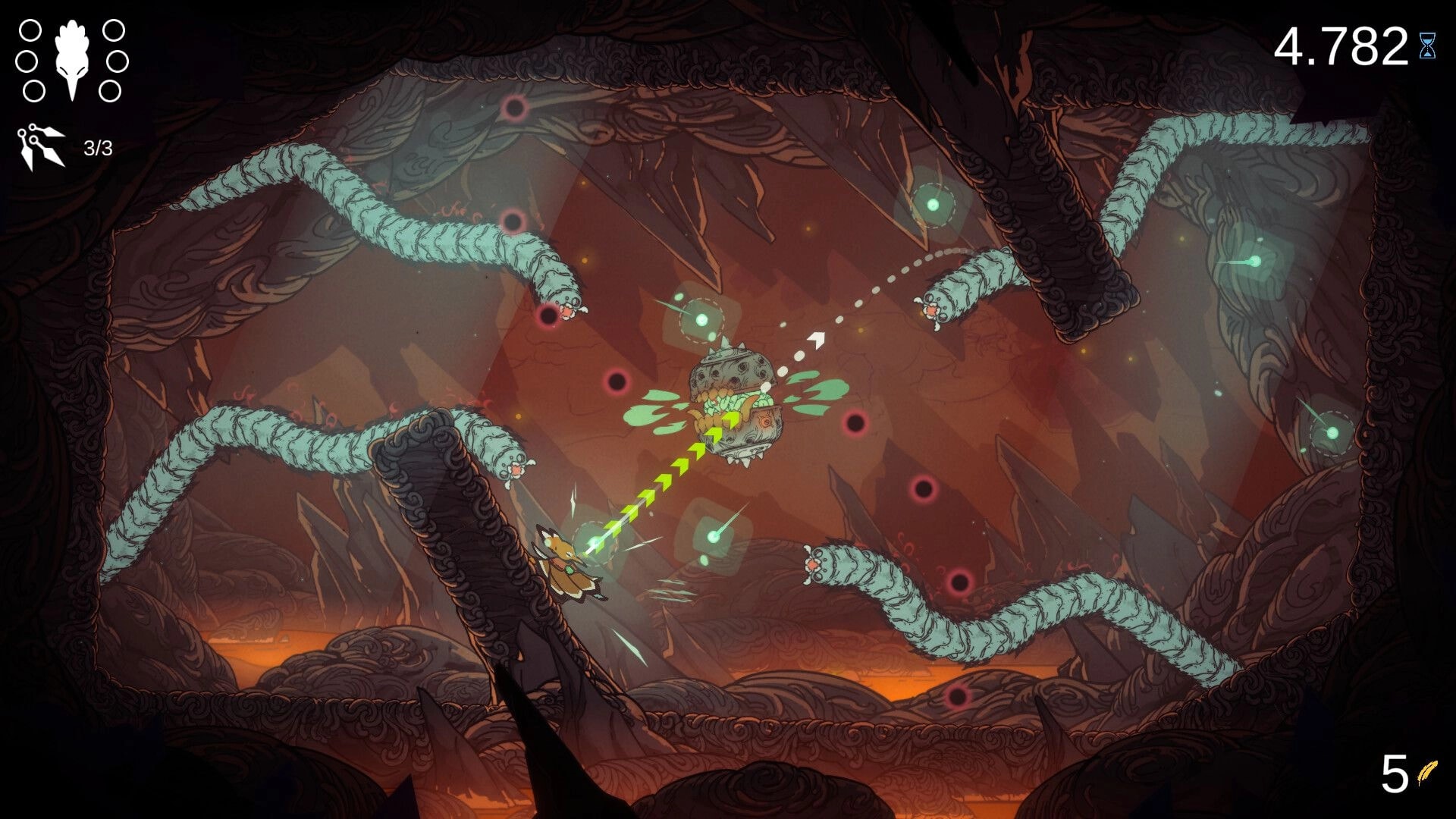 Feather’s Edge: Bird warrior grapples to a floating enemy amid writhing worms in a cavern arena.