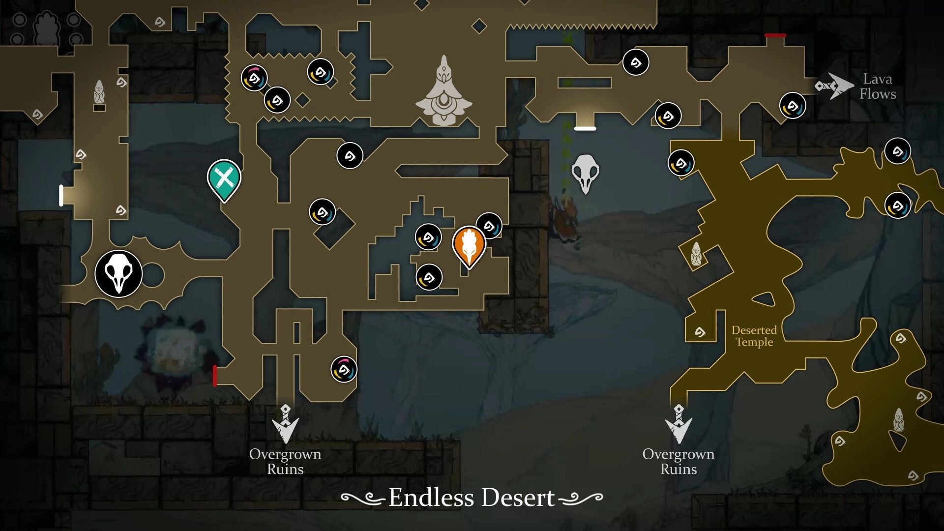 Feather’s Edge: World map view with markers and skull icons across Endless Desert ruins and temple paths.
