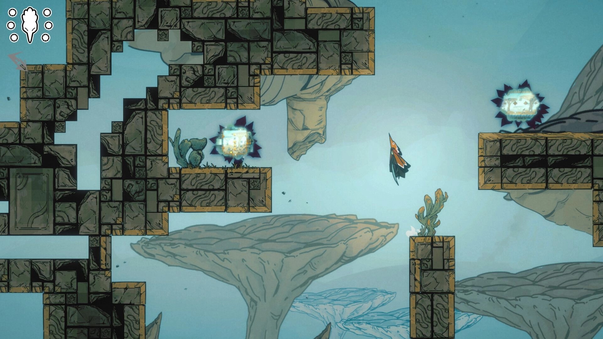 Feather’s Edge: Bird warrior glides between stone platforms past glowing hazards in a misty sky realm.