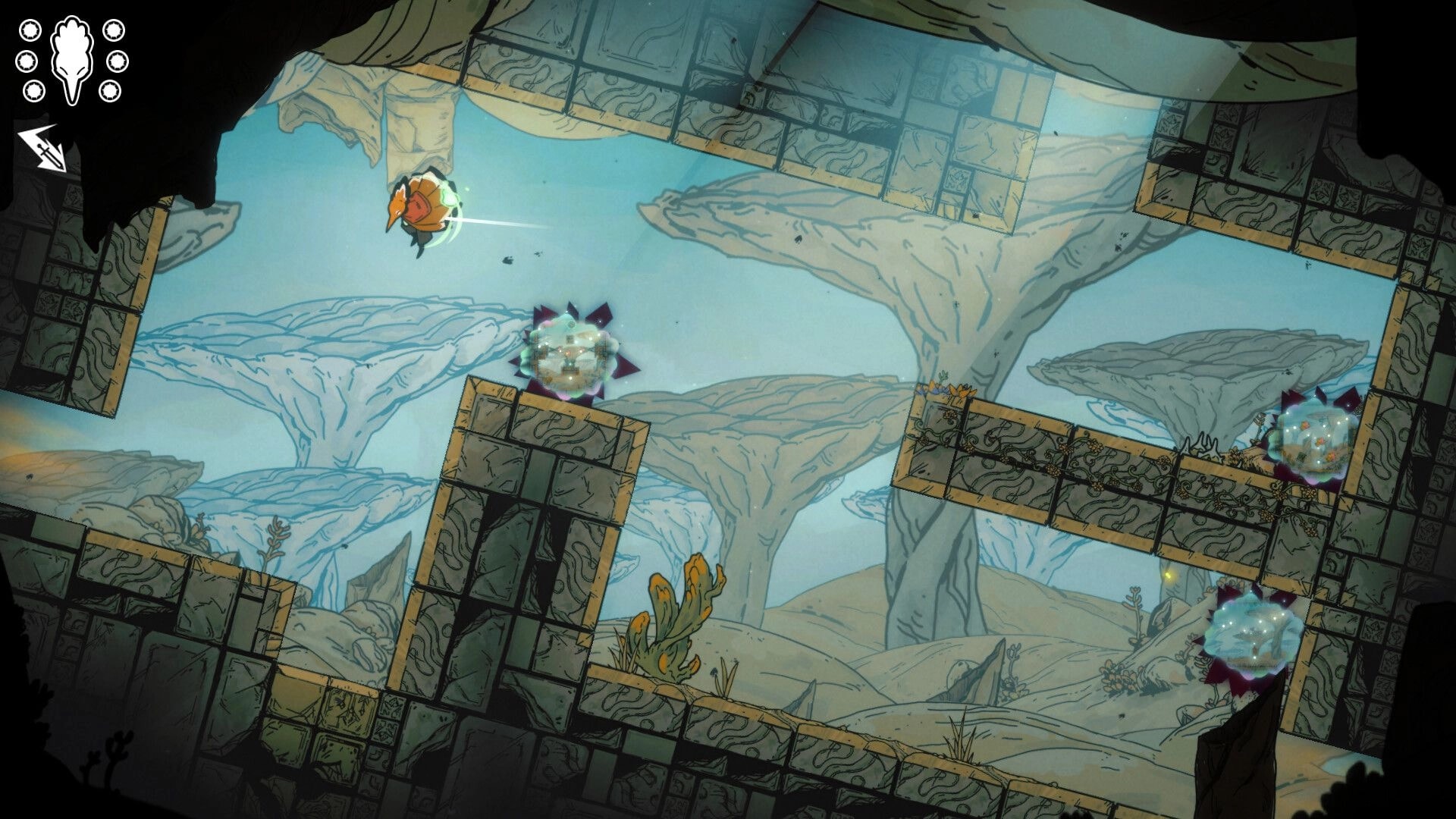 Feather’s Edge: Bird warrior dashes midair past spiked orbs in tilted stone ruins above pale trees.