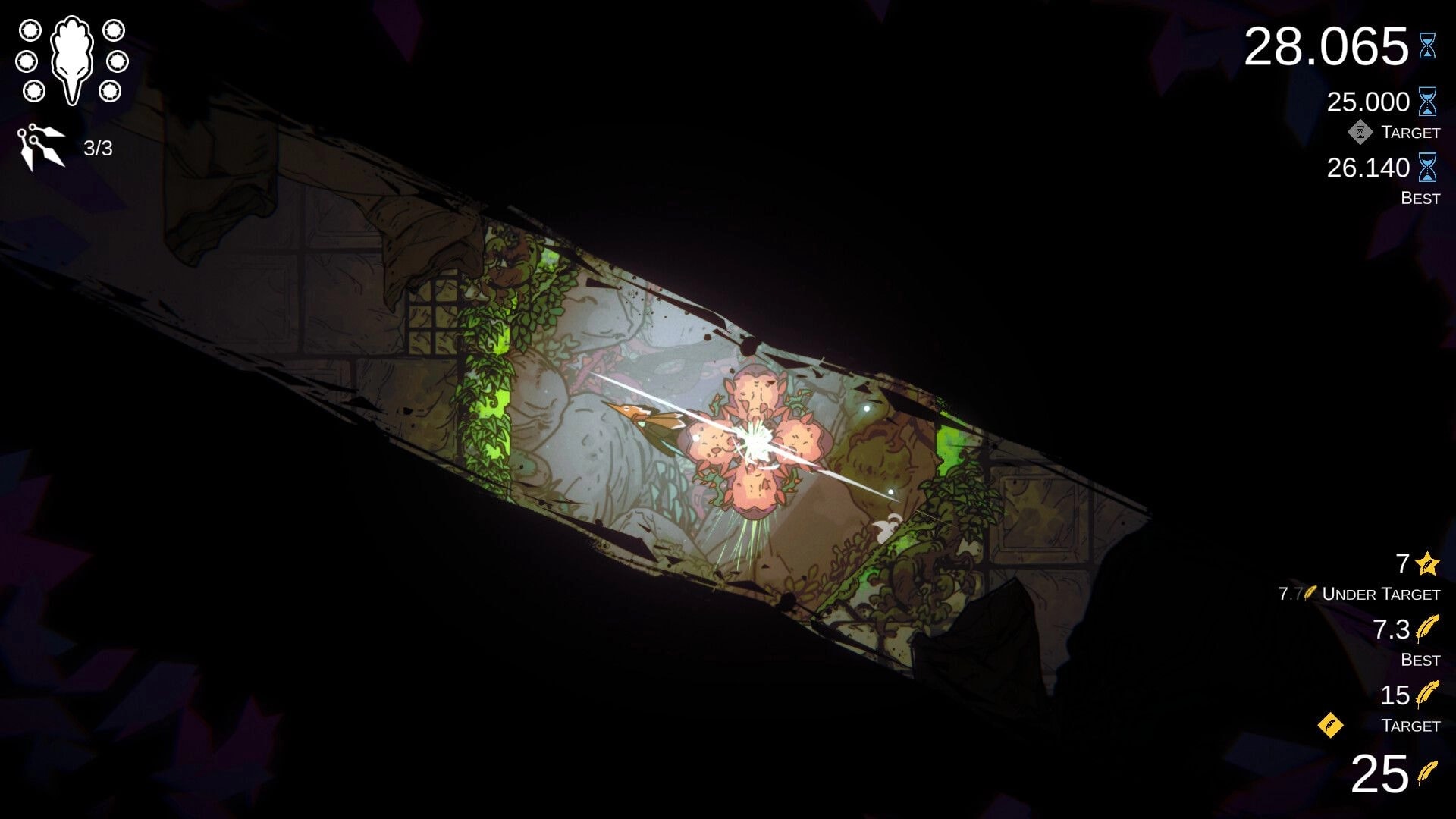 Feather’s Edge: Bird warrior slashes a flower-like enemy in a vine-covered corridor with score HUD.