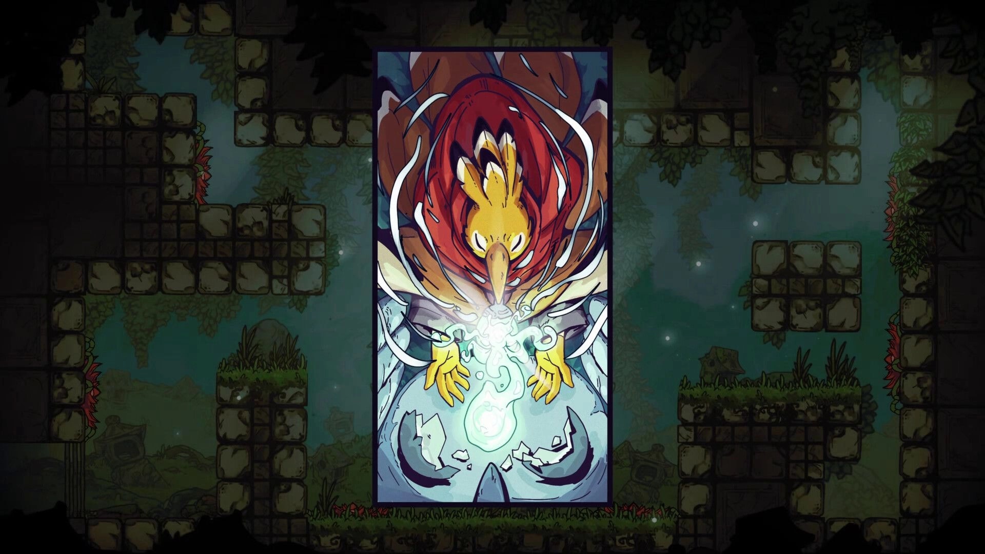 Feather’s Edge: Cinematic panel of bird warrior channeling glowing energy amid mossy stone ruins backdrop.