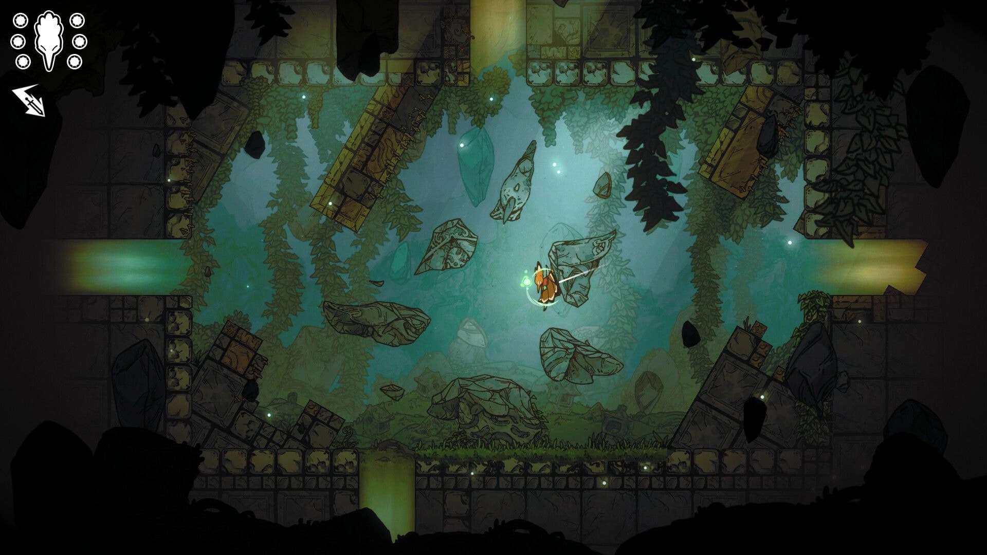 Feather’s Edge: Bird warrior glides past floating stones in a vine-choked ruin, HUD icons top left.