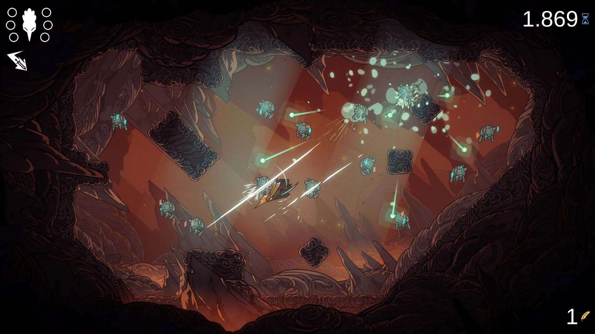 Feather’s Edge: Bird warrior dashes and slashes amid teal drones in a cavern, timer 1.869 visible.