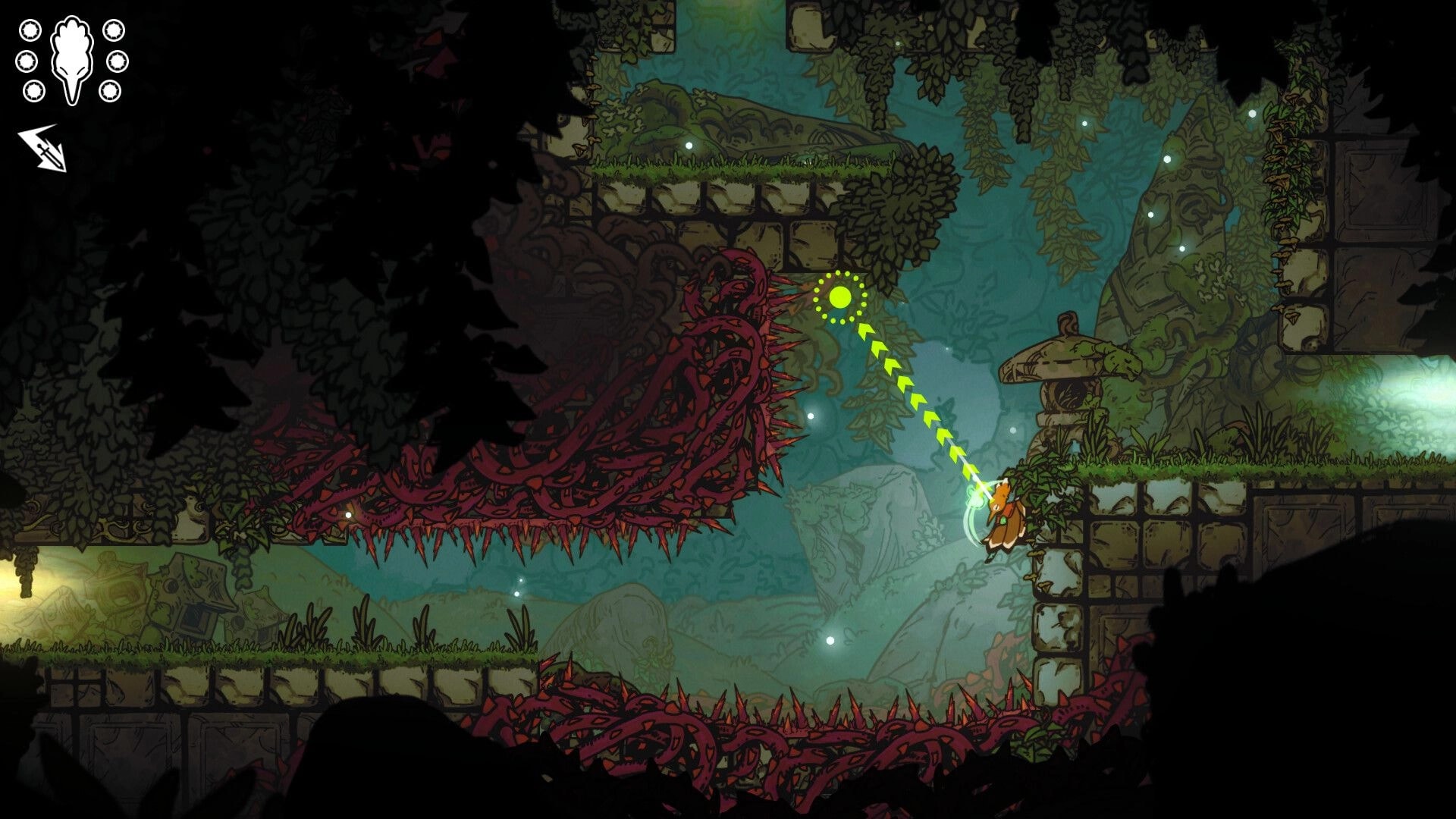 Feather’s Edge: Bird warrior grapples to a glowing point above thorny vines in mossy ruins cave.