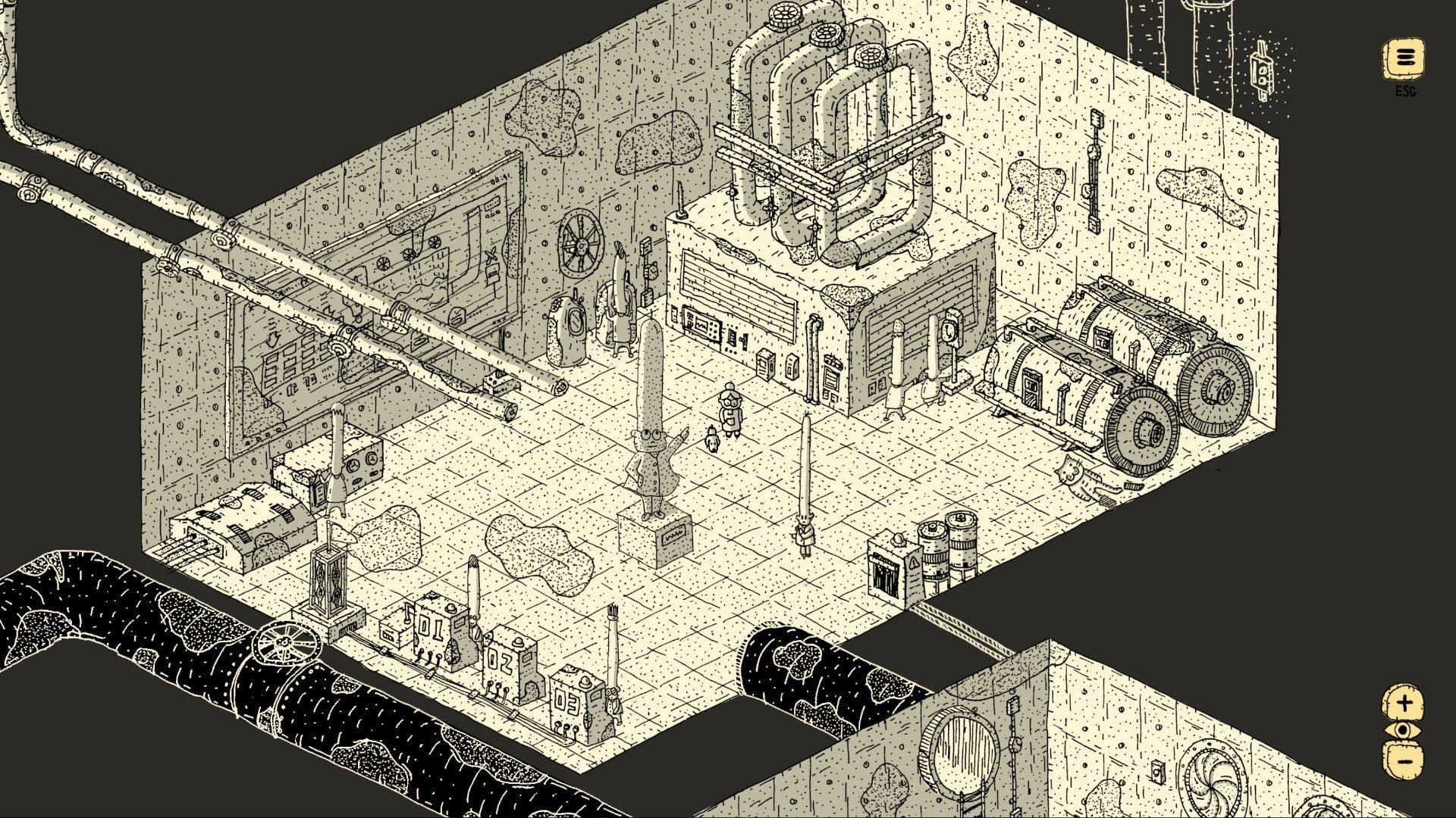 Finding Polka: Player stands by a frog statue in a pipe-filled factory room with ESC and zoom UI.