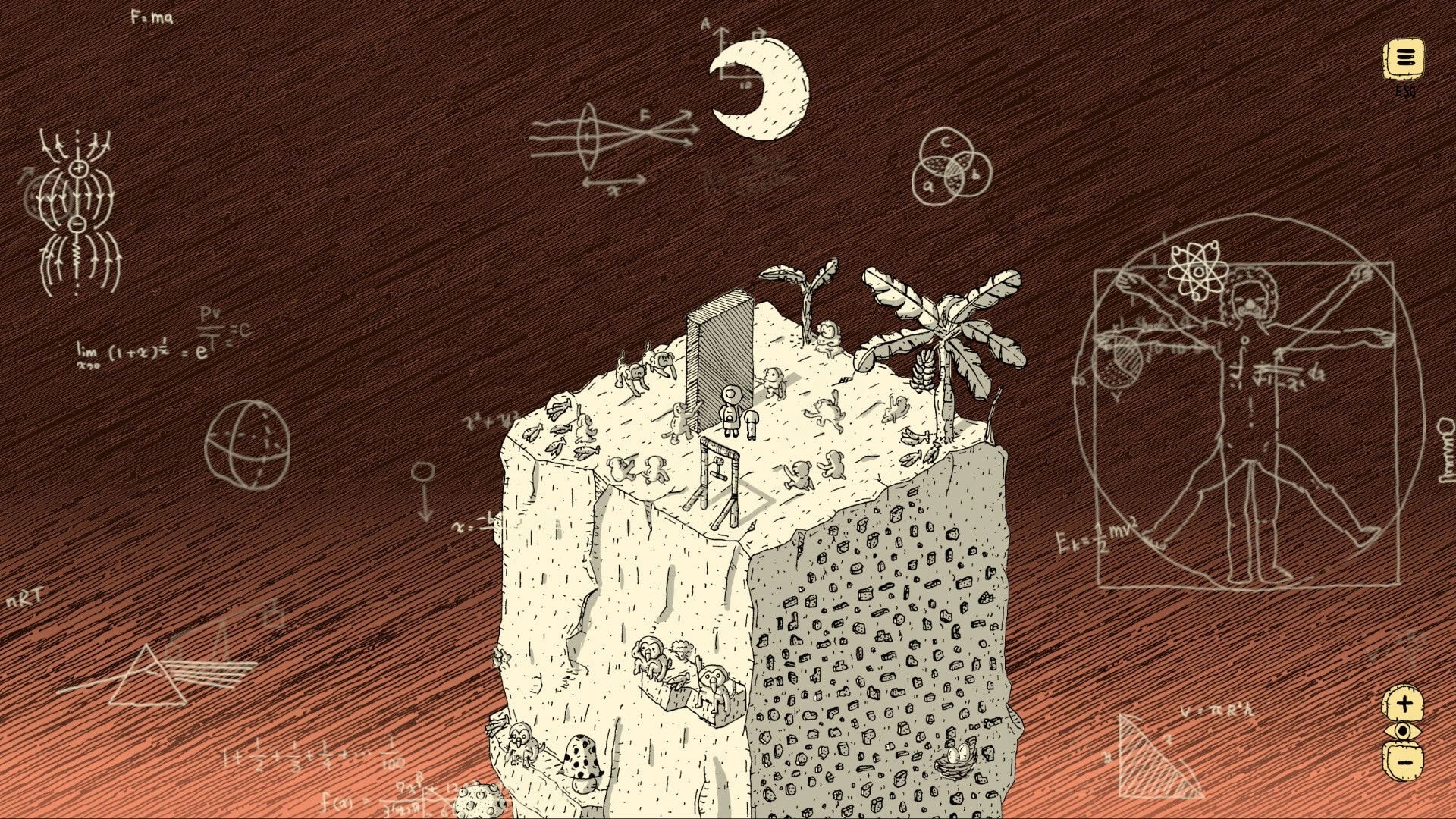 Finding Polka: Explorer stands on a rocky island with monkeys, palms, and a menu icon overlay.