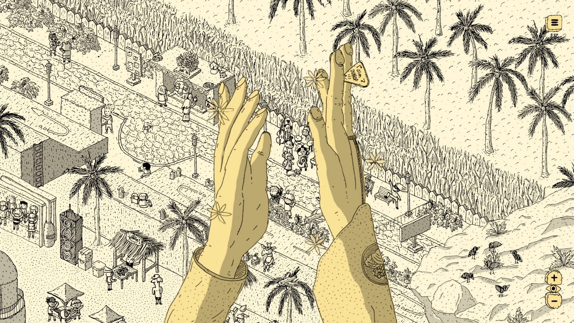 Finding Polka: Giant hands clap over a village street with NPCs, palms and menu icon visible.