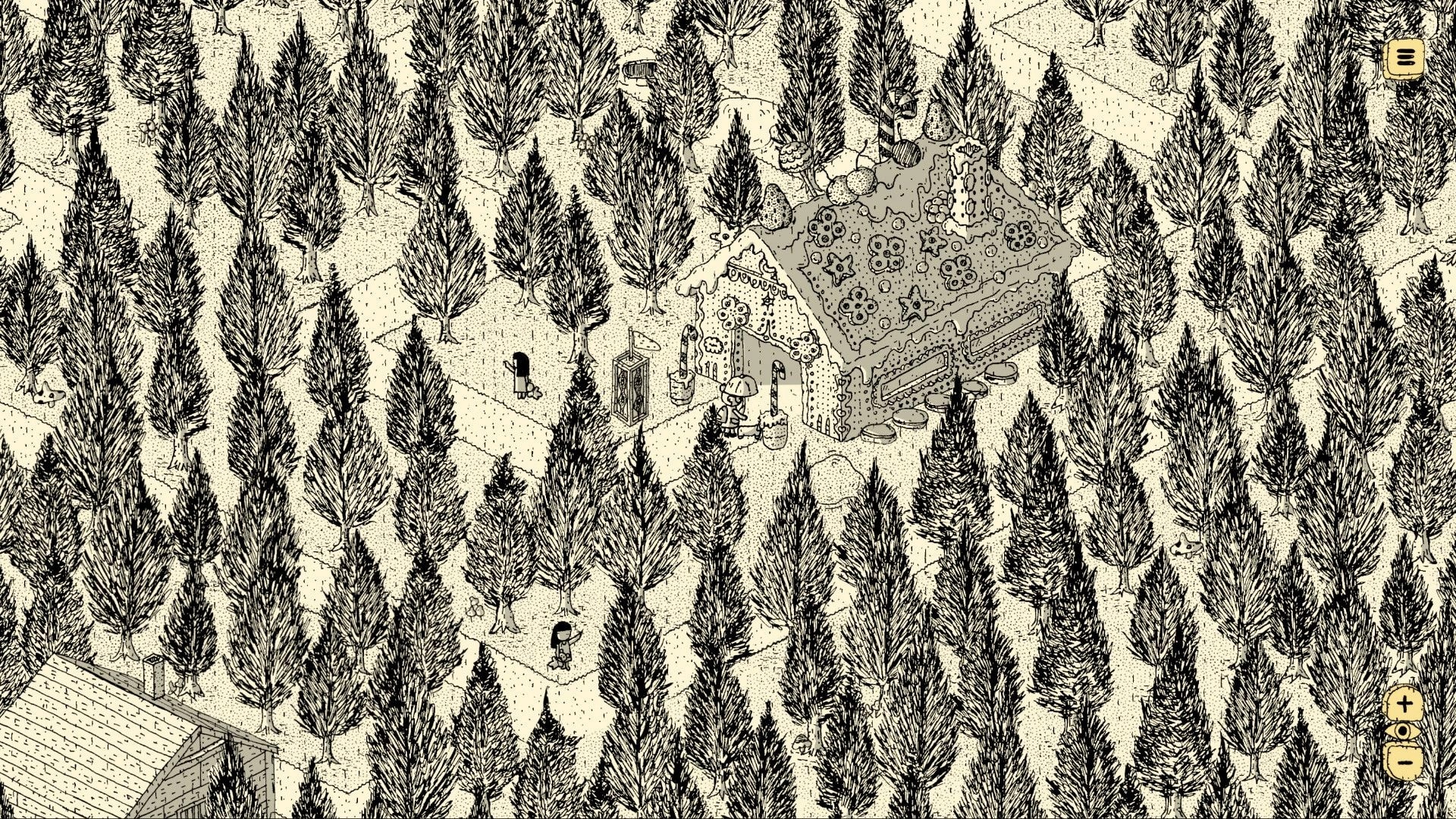 Finding Polka: Exploring a pine forest path past a frosted cottage, with menu and zoom UI icons.
