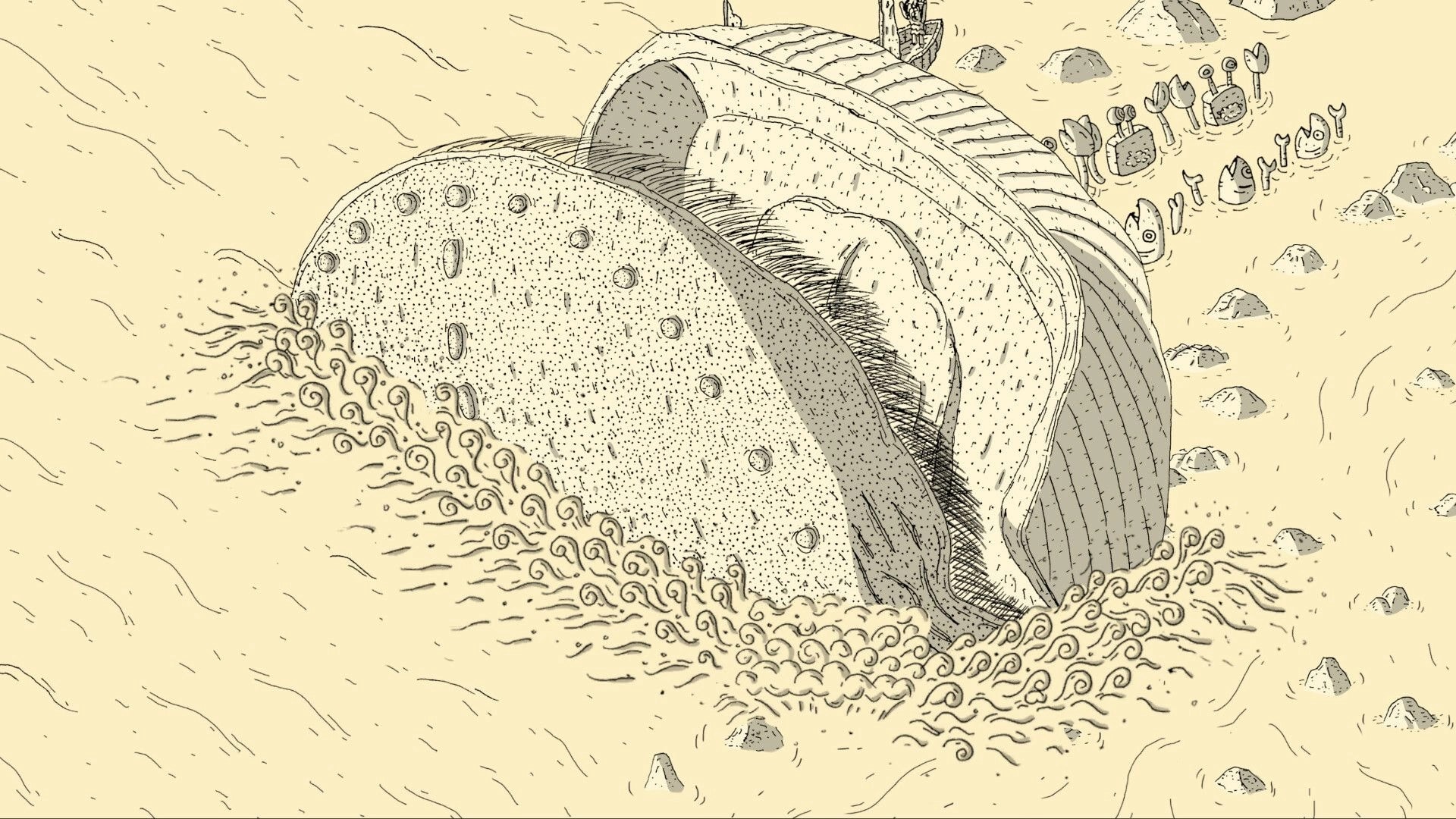 Finding Polka: Giant broken seashell half-buried in sand with surf swirls and tiny crabs nearby.