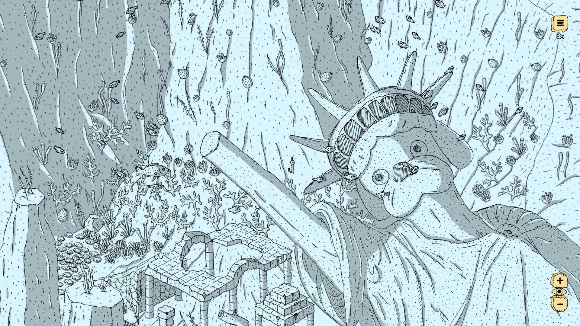 Finding Polka: Exploring underwater ruins by a sunken Statue of Liberty head with fish and coral UI icons.