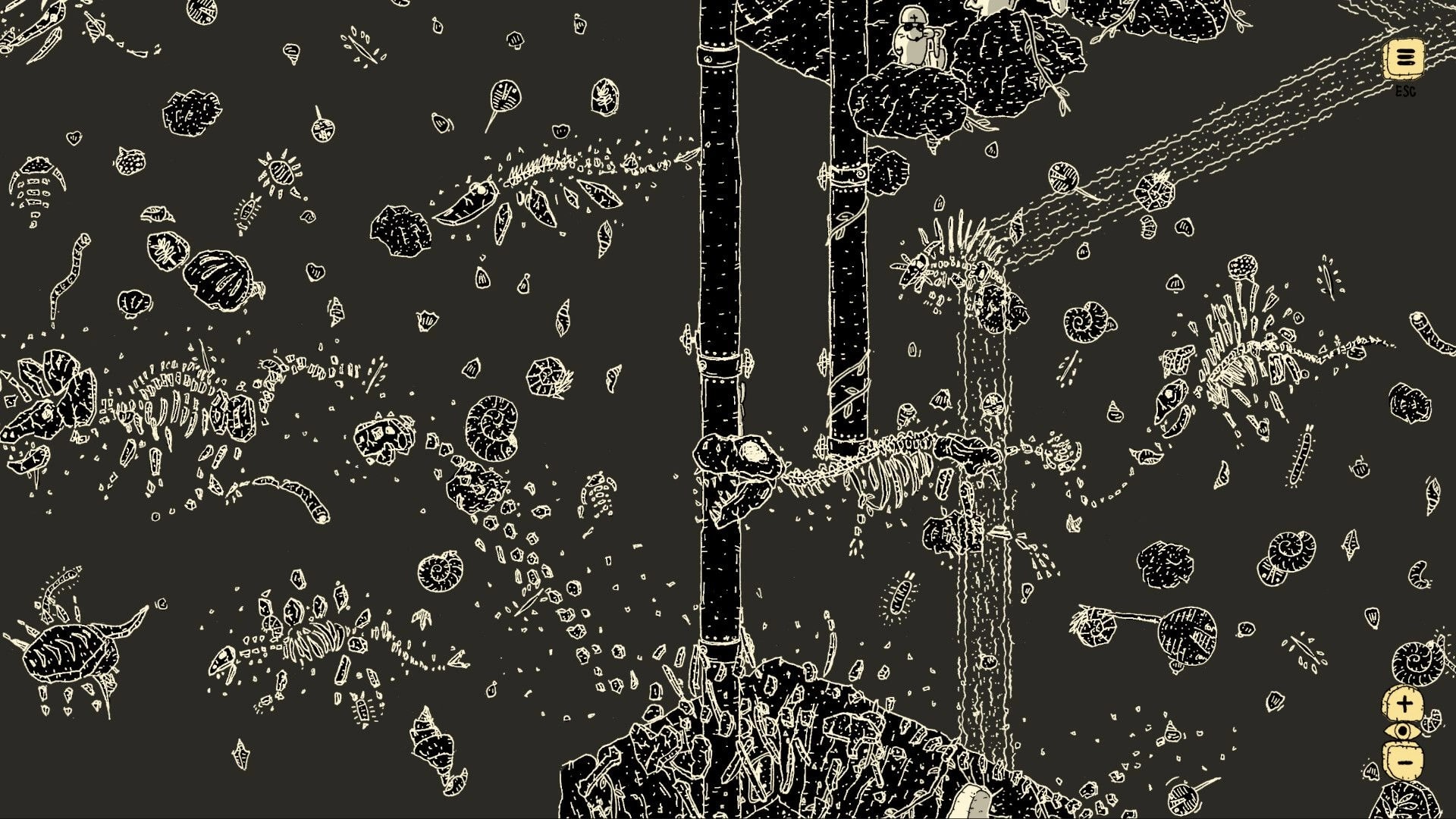 Finding Polka: Exploring a sketchy fossil cave with bones and shells, ESC menu and zoom icons visible.