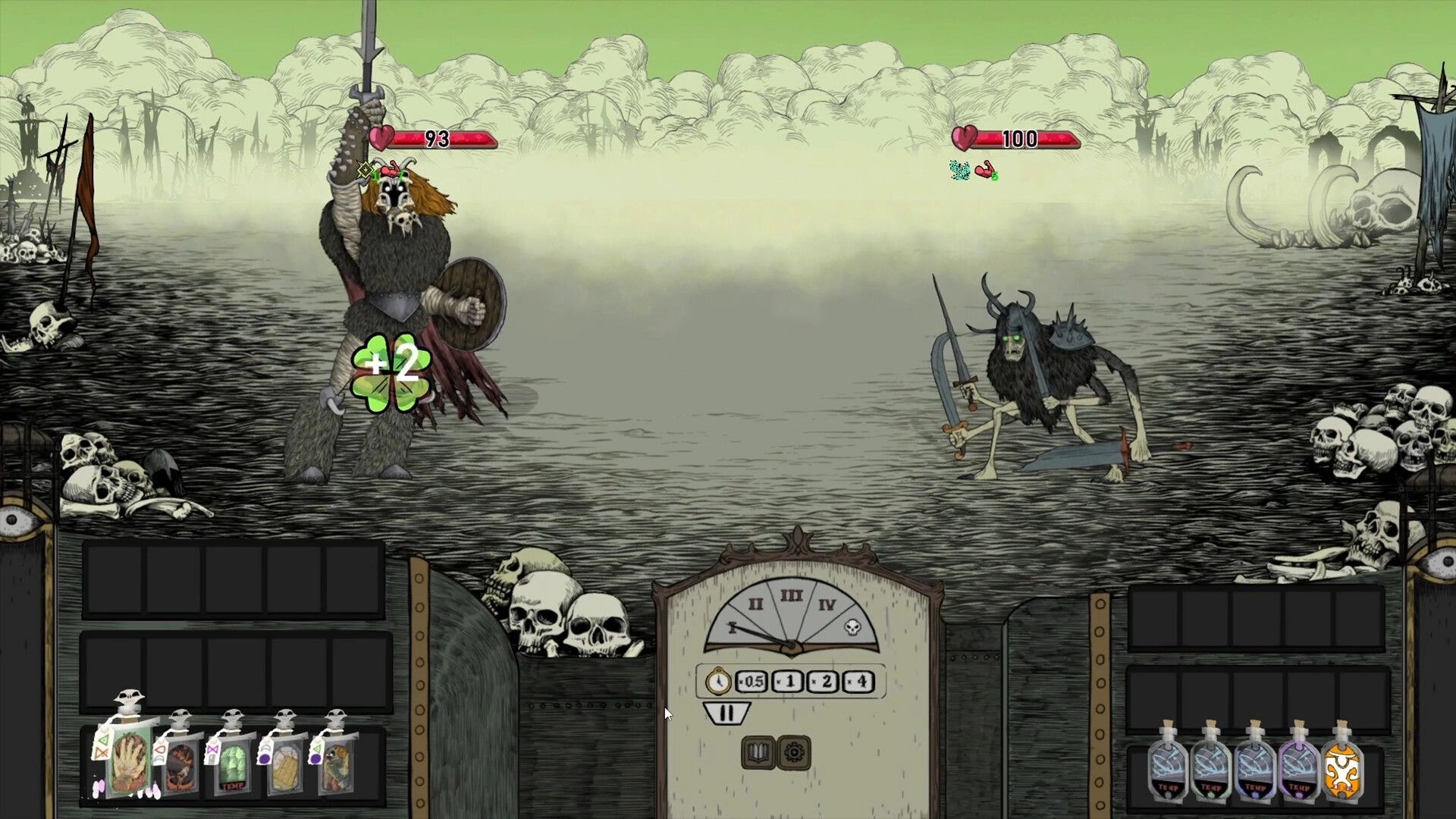 FLASK: Battle screen with horned warrior vs skeletal beast, potion trays and turn dial in skull swamp.