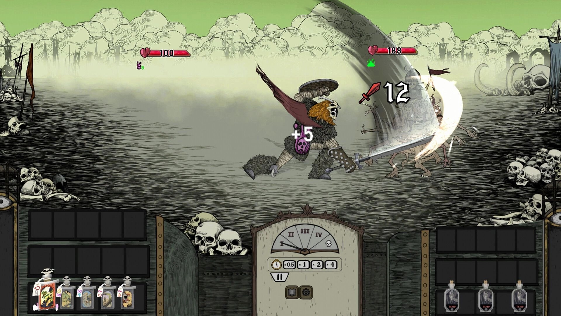 FLASK: Wolfish warrior slashes a horned foe for 12 damage on a skull-strewn battlefield UI.