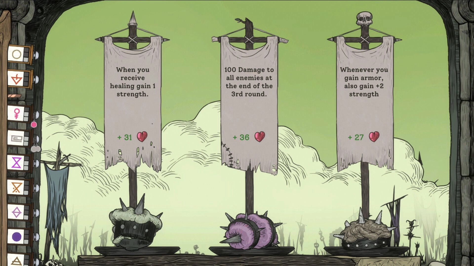 FLASK: Relic choice screen with three banner perks and heart costs in a gloomy wasteland camp.