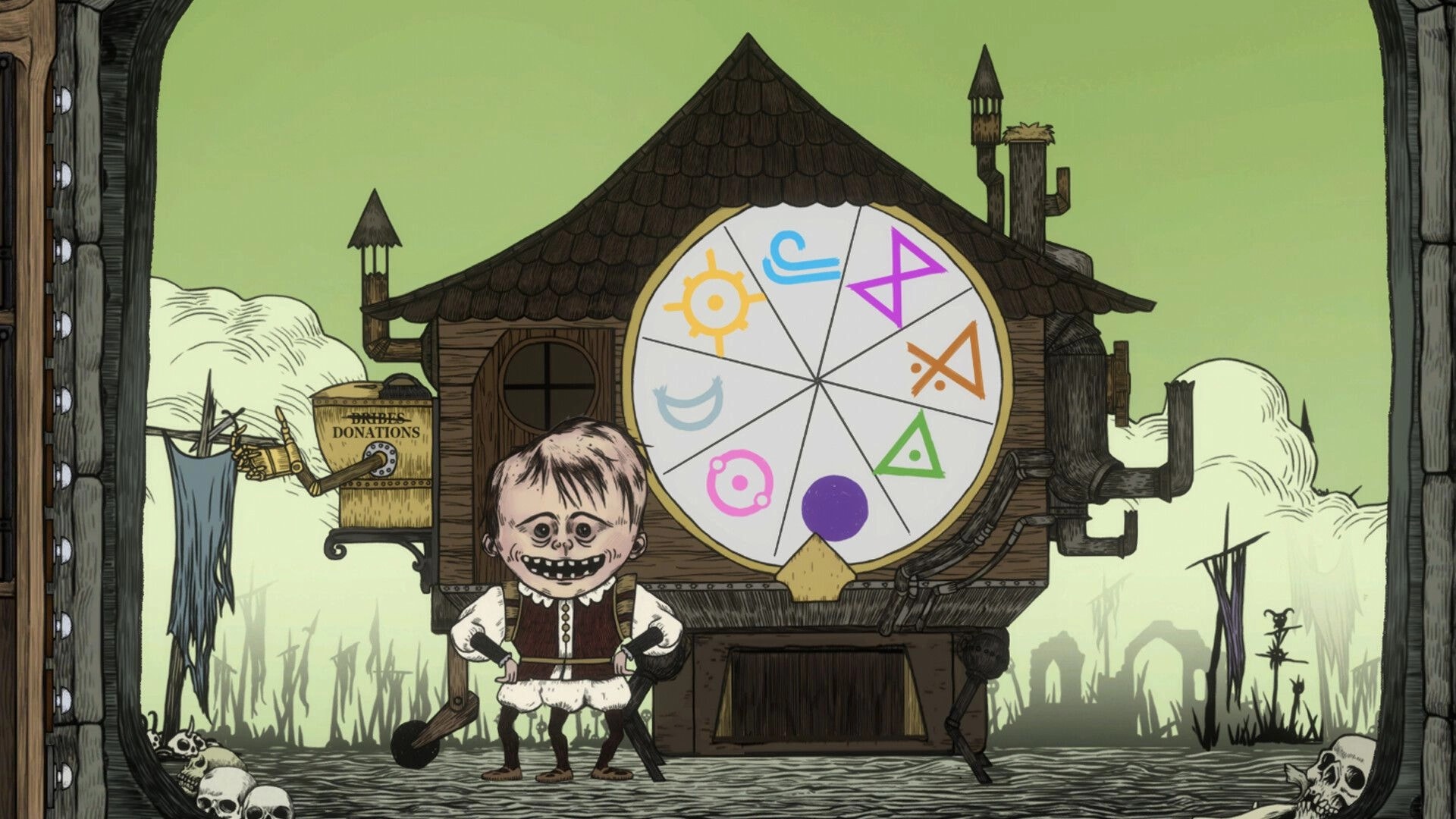 FLASK: Childlike merchant stands by a symbol wheel and donations box outside a wooden hut.