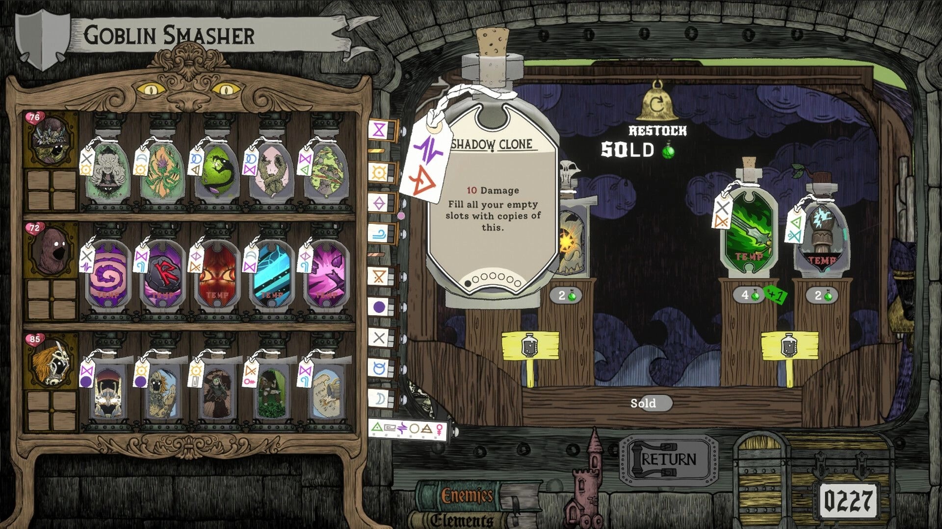 FLASK: Goblin Smasher shop menu with Shadow Clone potion details and sold restock counter in stall.