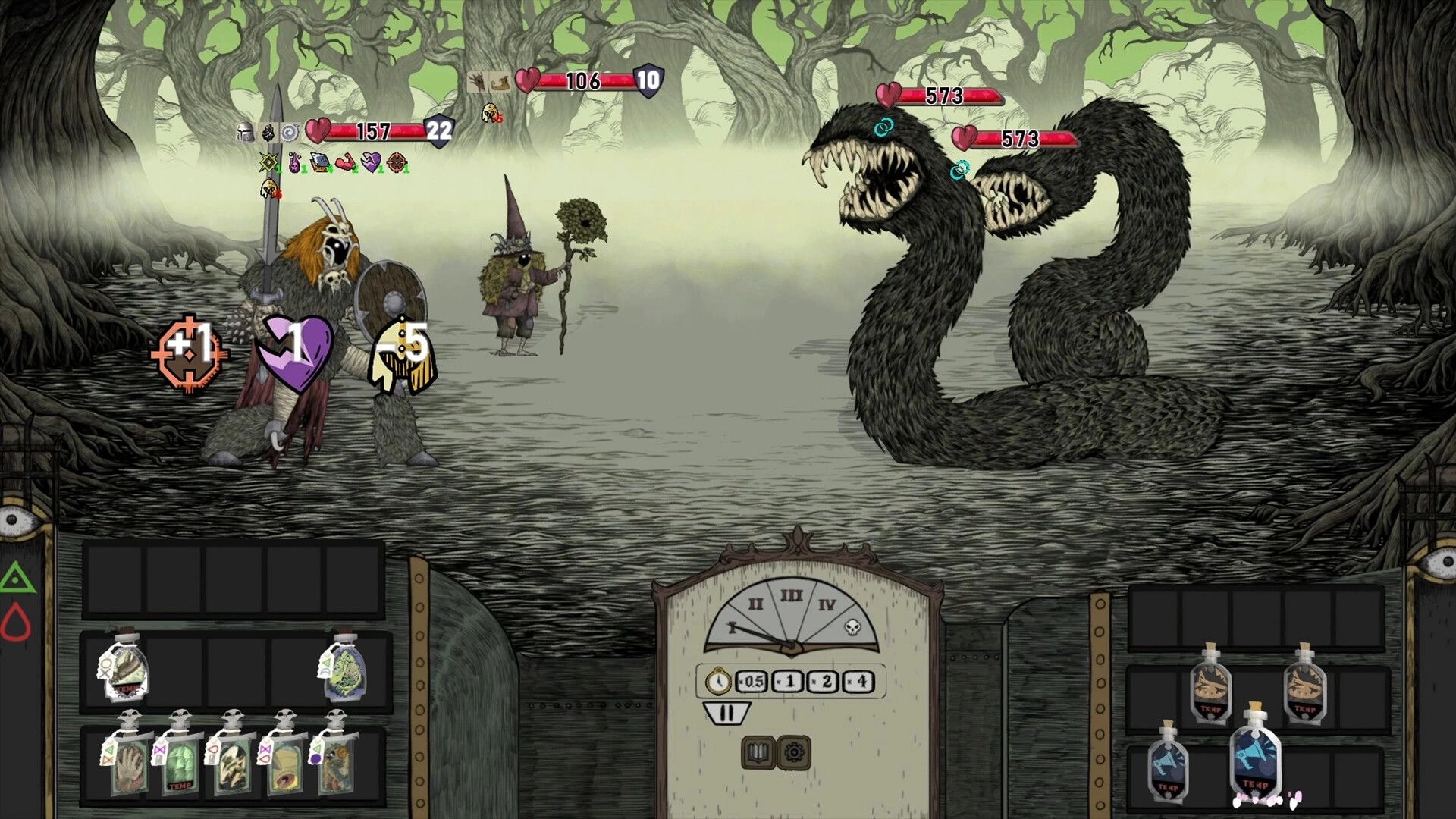 FLASK: Battle HUD with homunculi facing two giant serpents in a foggy swamp forest arena.