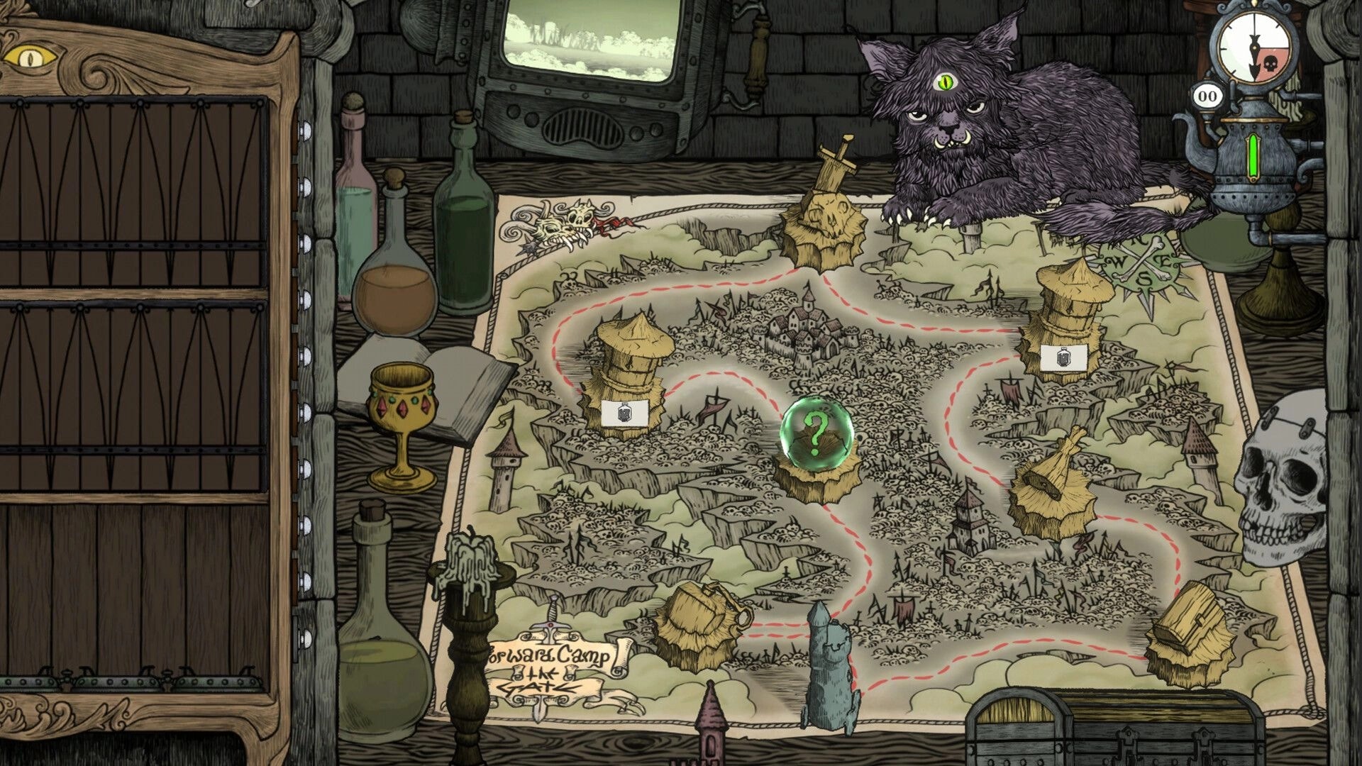 FLASK: World map route selection with dotted paths and node huts, in a cluttered alchemy wagon UI.