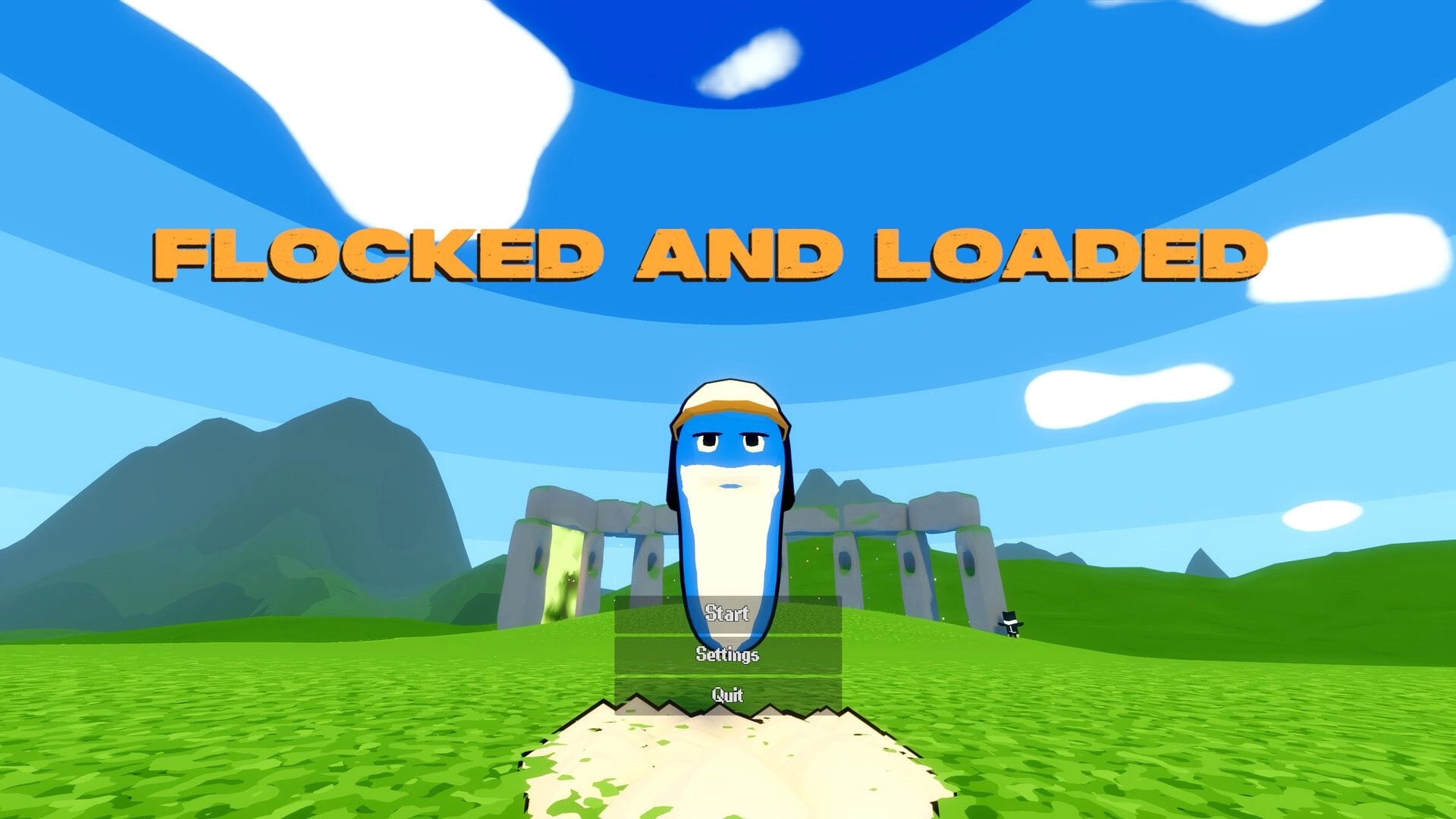 Flocked and Loaded: Main menu with Start, Settings, Quit over grassy hills and stone archway backdrop.