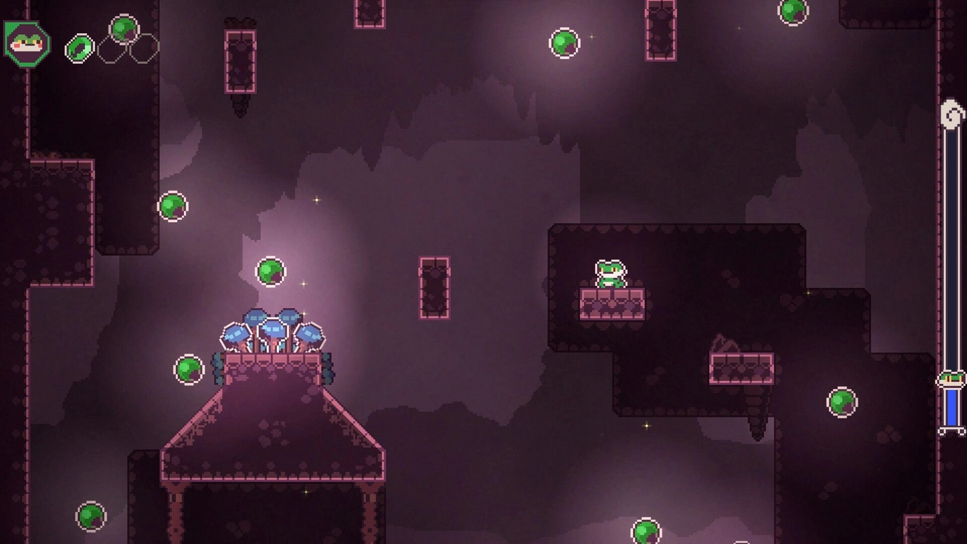 Frog Knight: Frog jumps between platforms in a dark cavern with floating orbs and health bar visible.