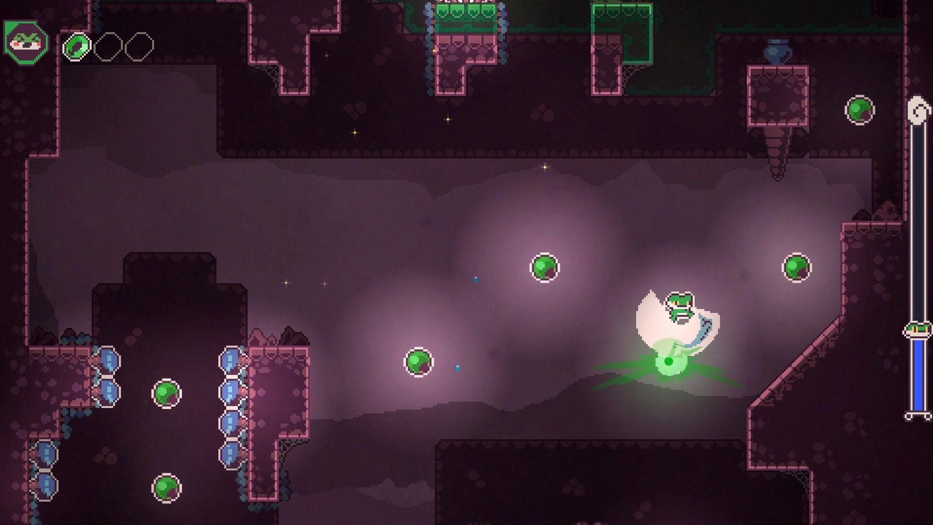 Frog Knight: Frog jumps between glowing orbs in a dark cave, with health bar and sword icon displayed.