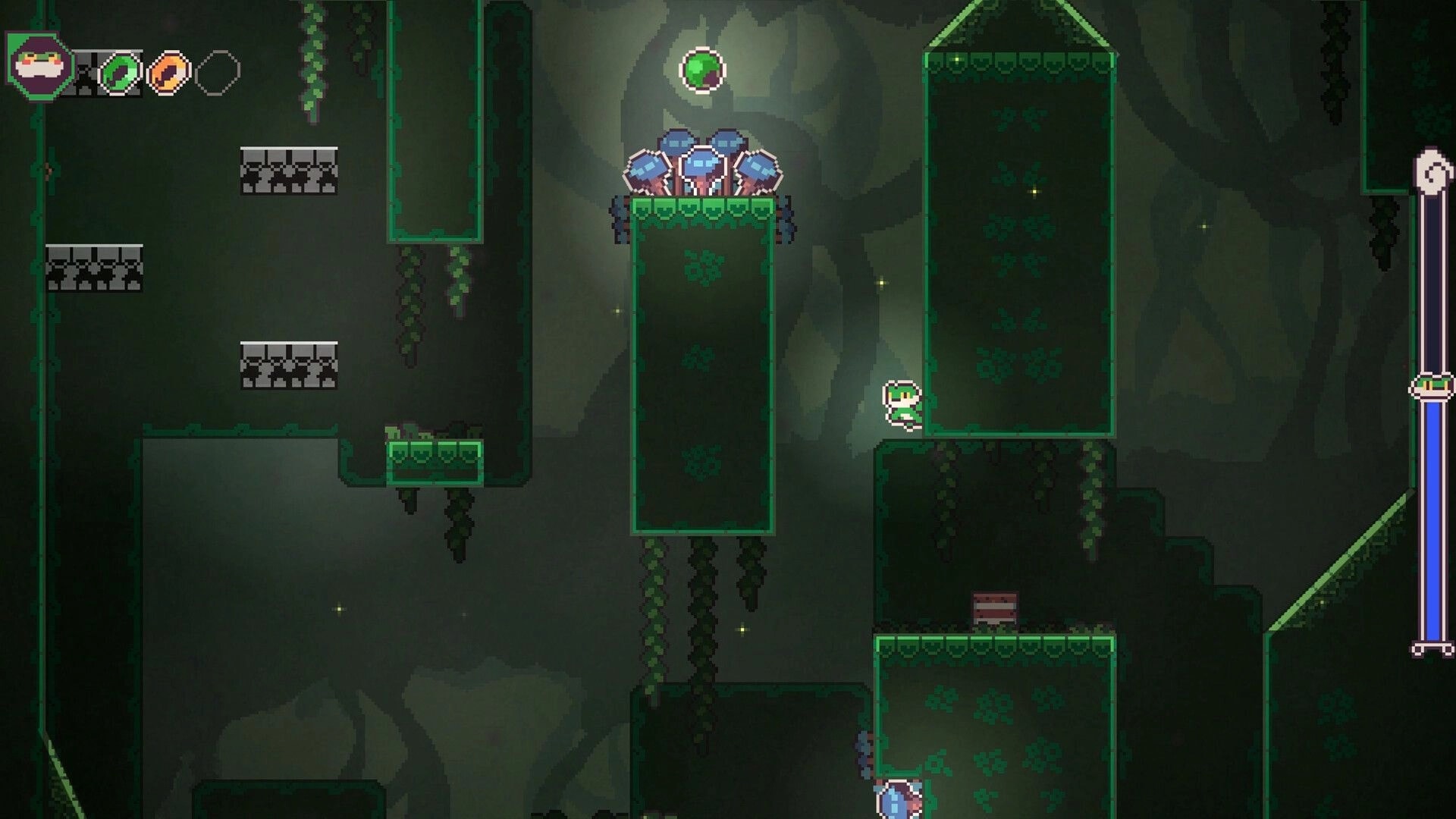 Frog Knight: Frog jumps on platforms, dodging spikes in a dark cave with green orbs floating above
