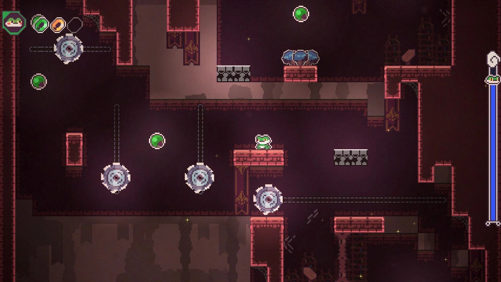 Frog Knight: Frog protagonist on red platform among spinning blades and green orbs in dark dungeon.