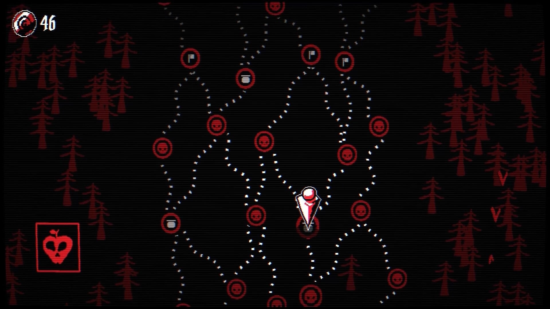 Fruitbearer: Dotted node map with red skull encounters and a white marker in a dark forest UI.