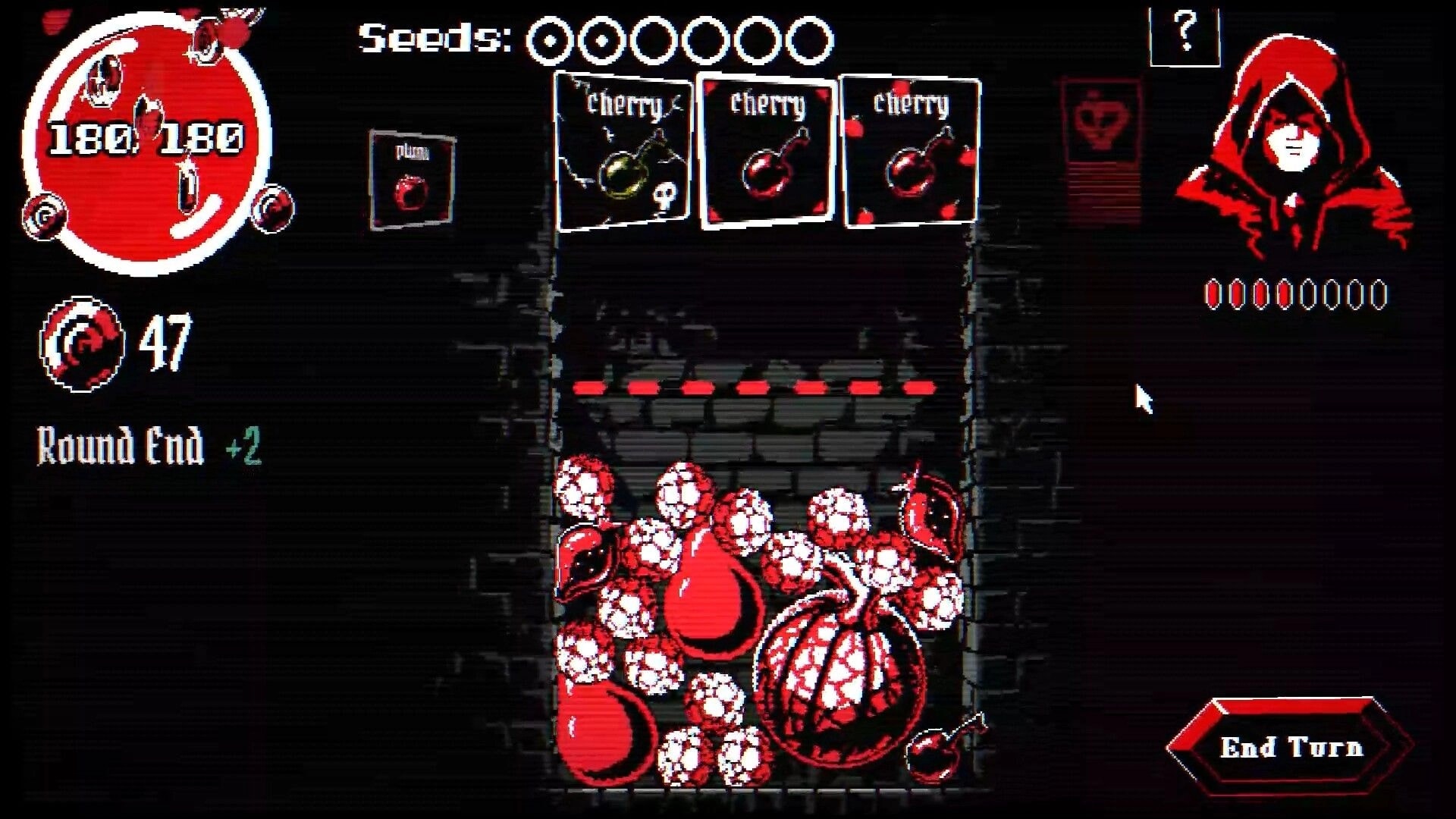 Fruitbearer: Cherry cards and seed counter above a fruit pile in a dark dungeon board UI.