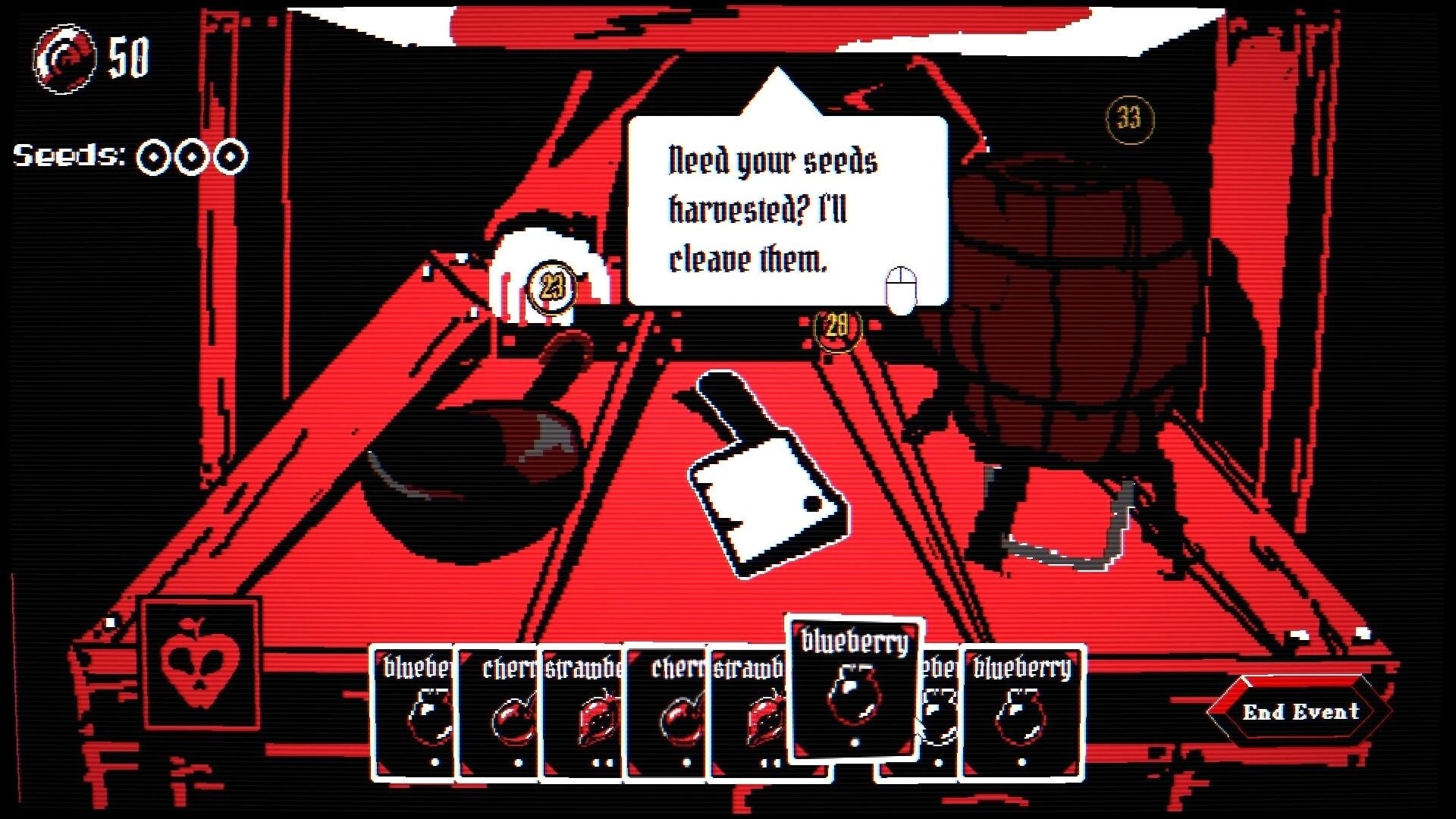 Fruitbearer: Event dialogue about seeds over fruit cards and End Event button in red tavern room.
