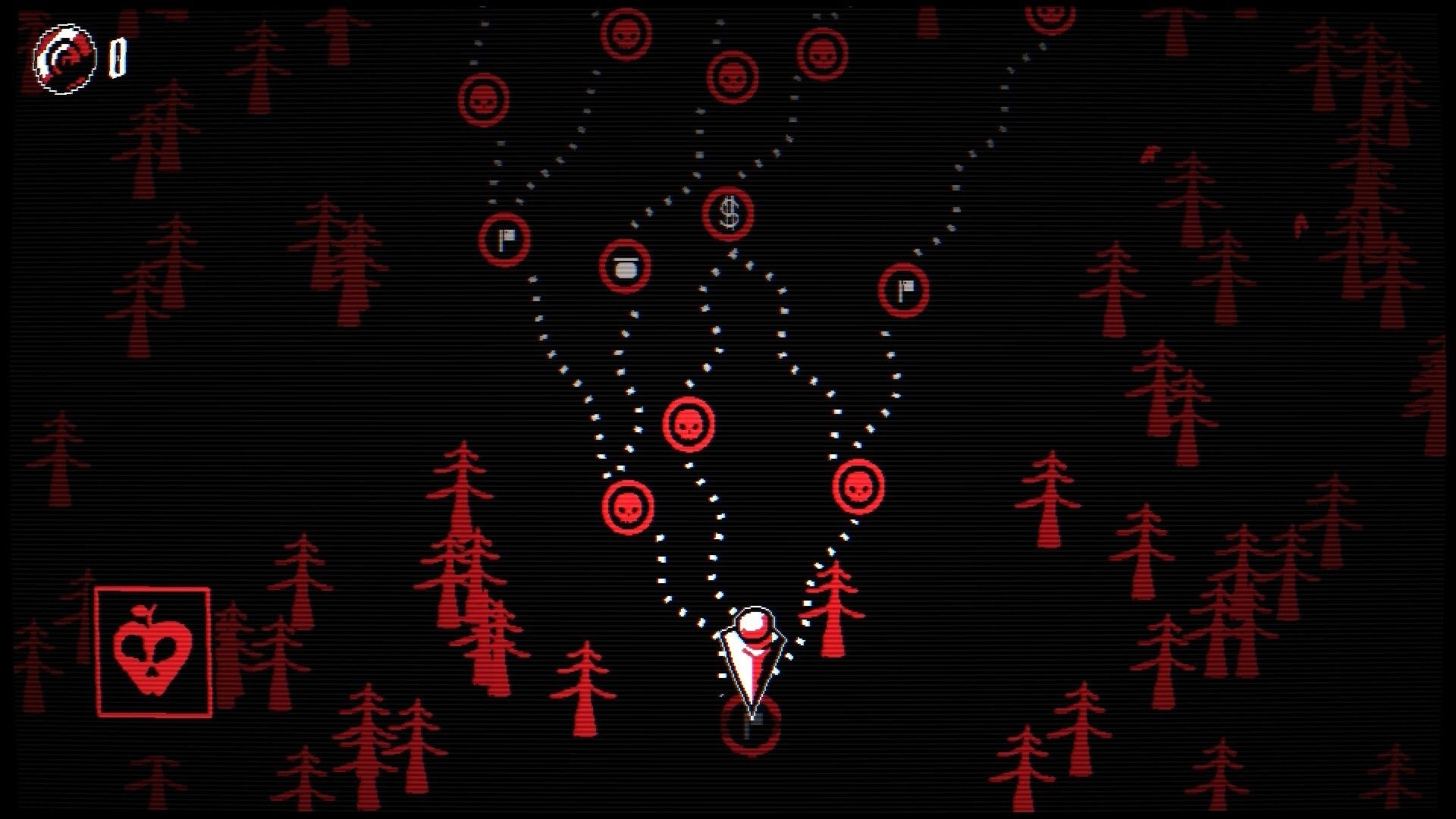Fruitbearer: Dotted path map with skull, coin, and shop nodes over a dark red forest backdrop.