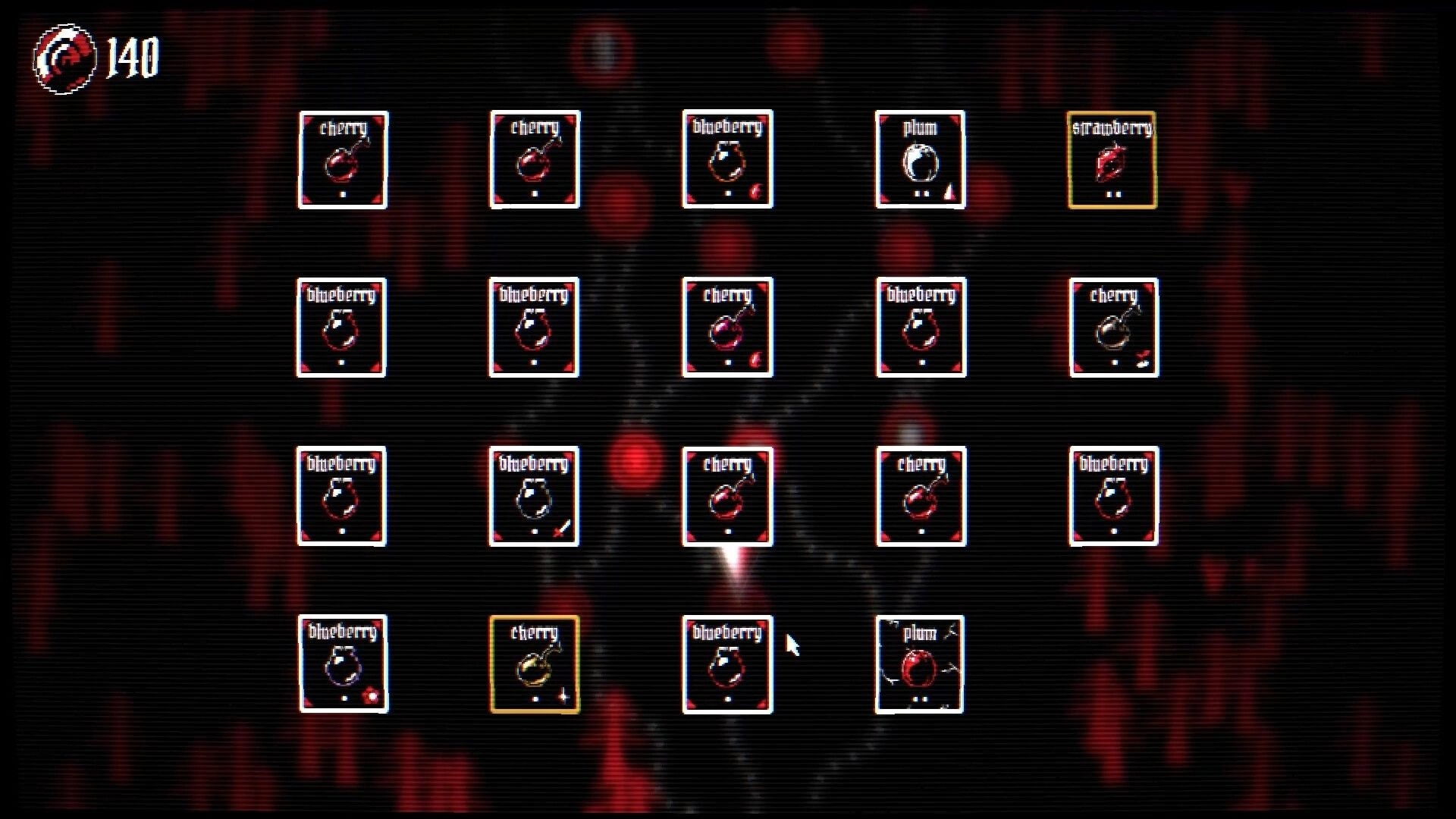 Fruitbearer: Card grid of cherries, blueberries, plums and strawberry with 140 counter on dark backdrop.