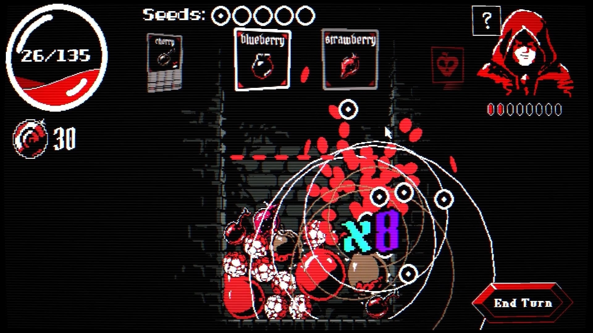 Fruitbearer: Turn-based fruit drop battle with blueberry and strawberry cards in dark dungeon UI screen.
