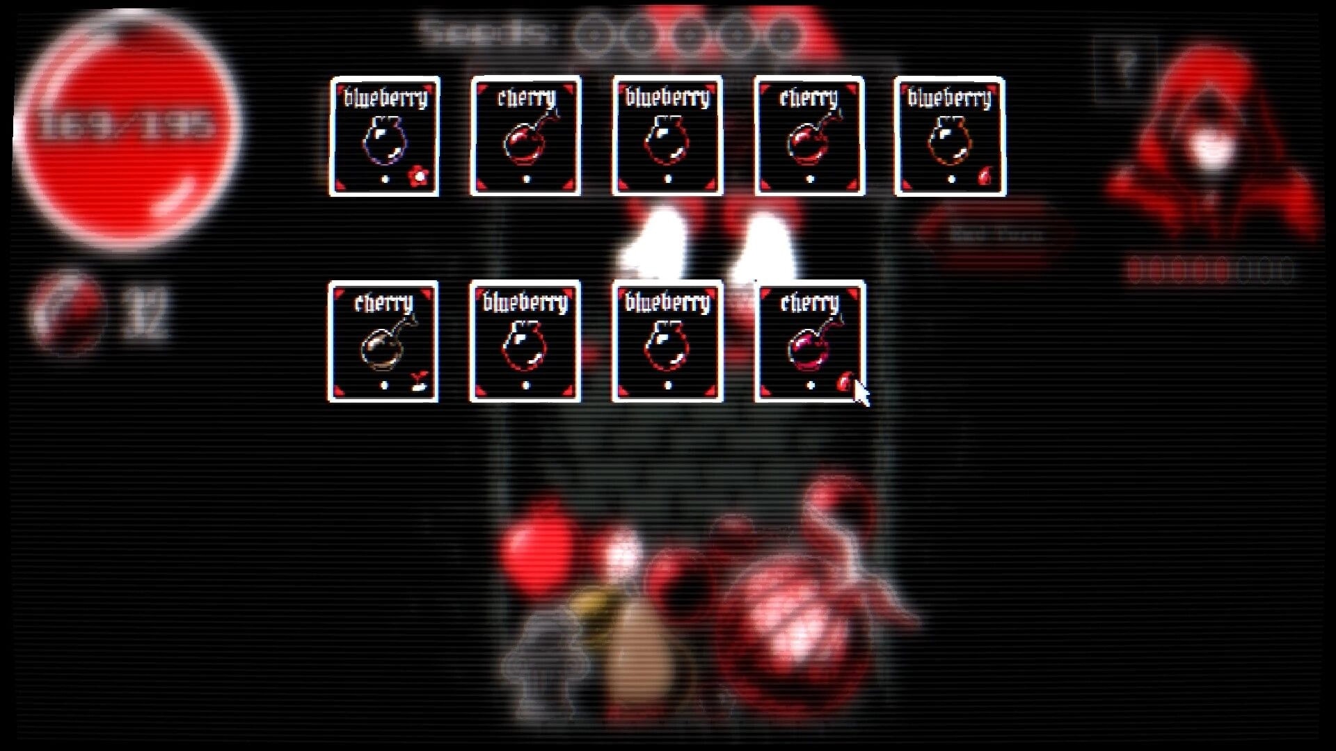 Fruitbearer: Blueberry and cherry card grid selection UI over dark lab scene with hooded figure.