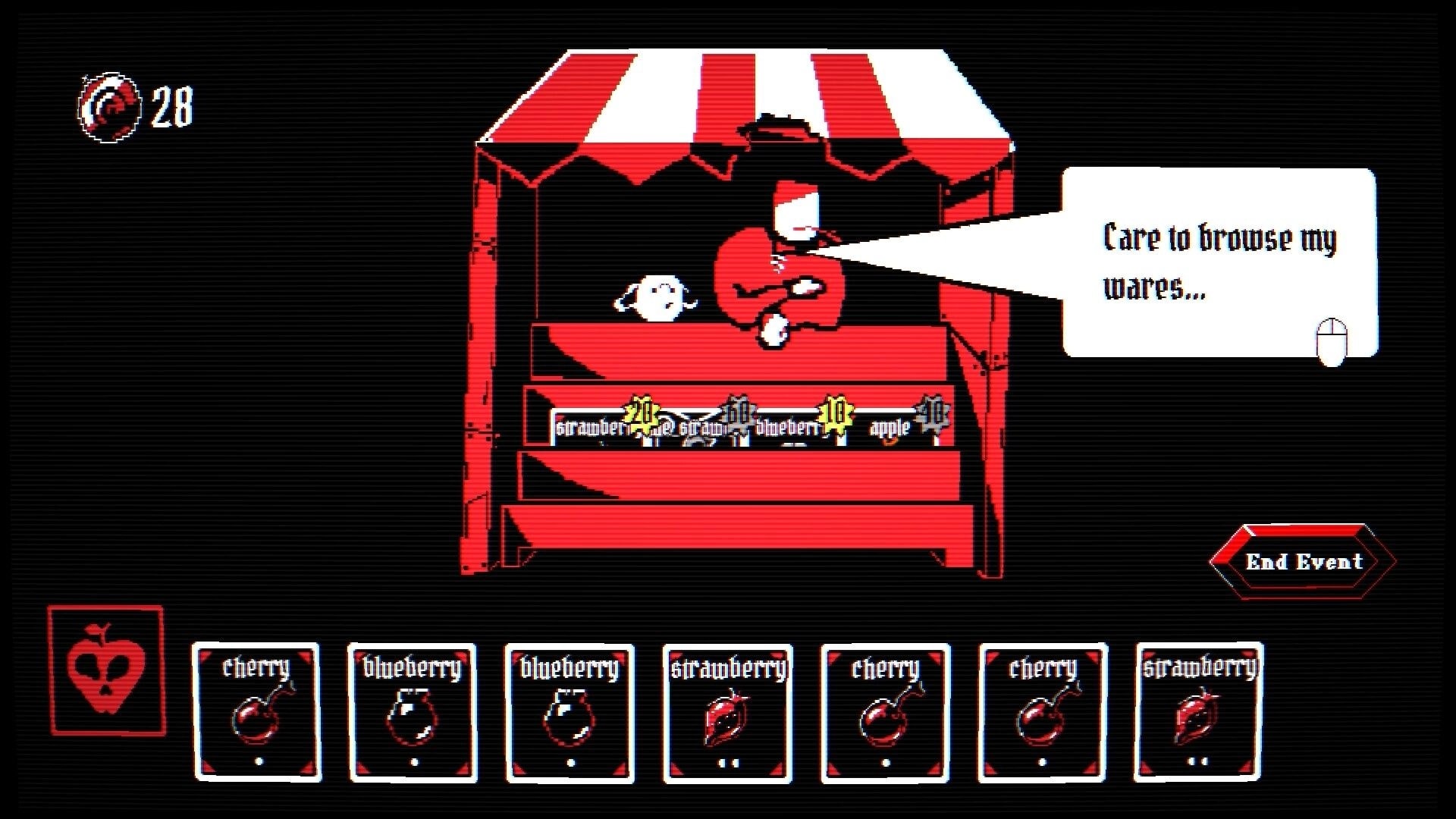 Fruitbearer: Merchant stall event with wares list and fruit cards hand in dark red market UI.