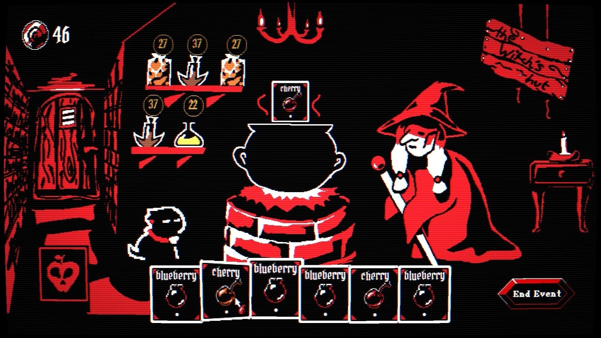 Fruitbearer: Potion brewing event with fruit cards in hand beside a witch in a dark room UI.