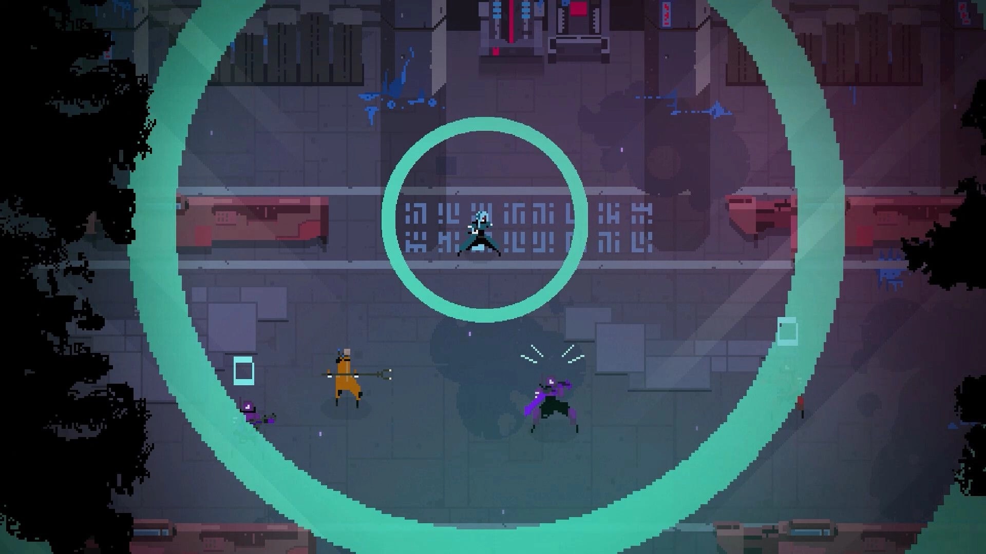 Fully Automated: Top-down combat with hero in circular arena facing two enemies in futuristic setting