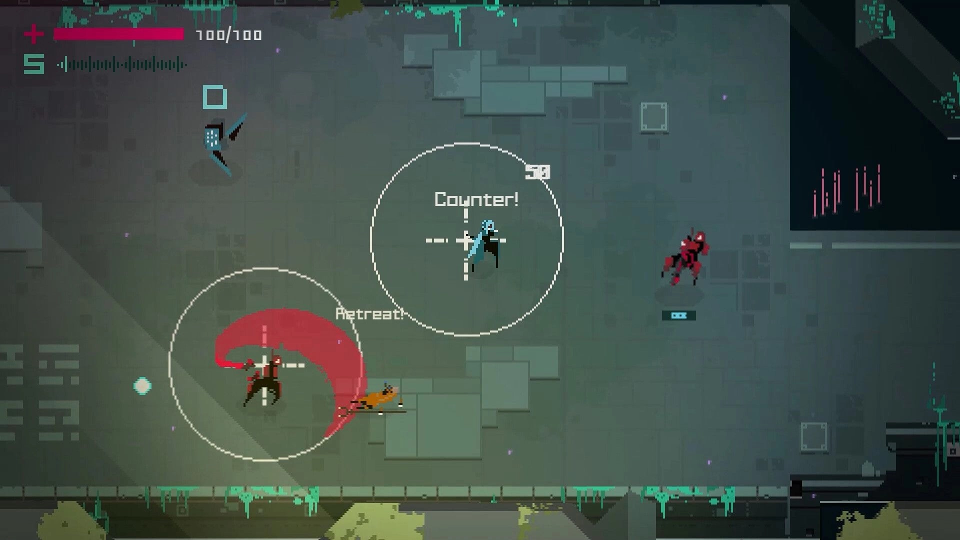 Fully Automated: Player character counters enemy attack in futuristic arena with health UI displayed