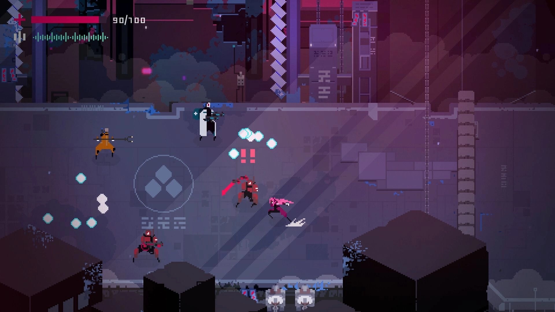 Fully Automated: Combat scene with three characters and UI health bars in a futuristic urban setting