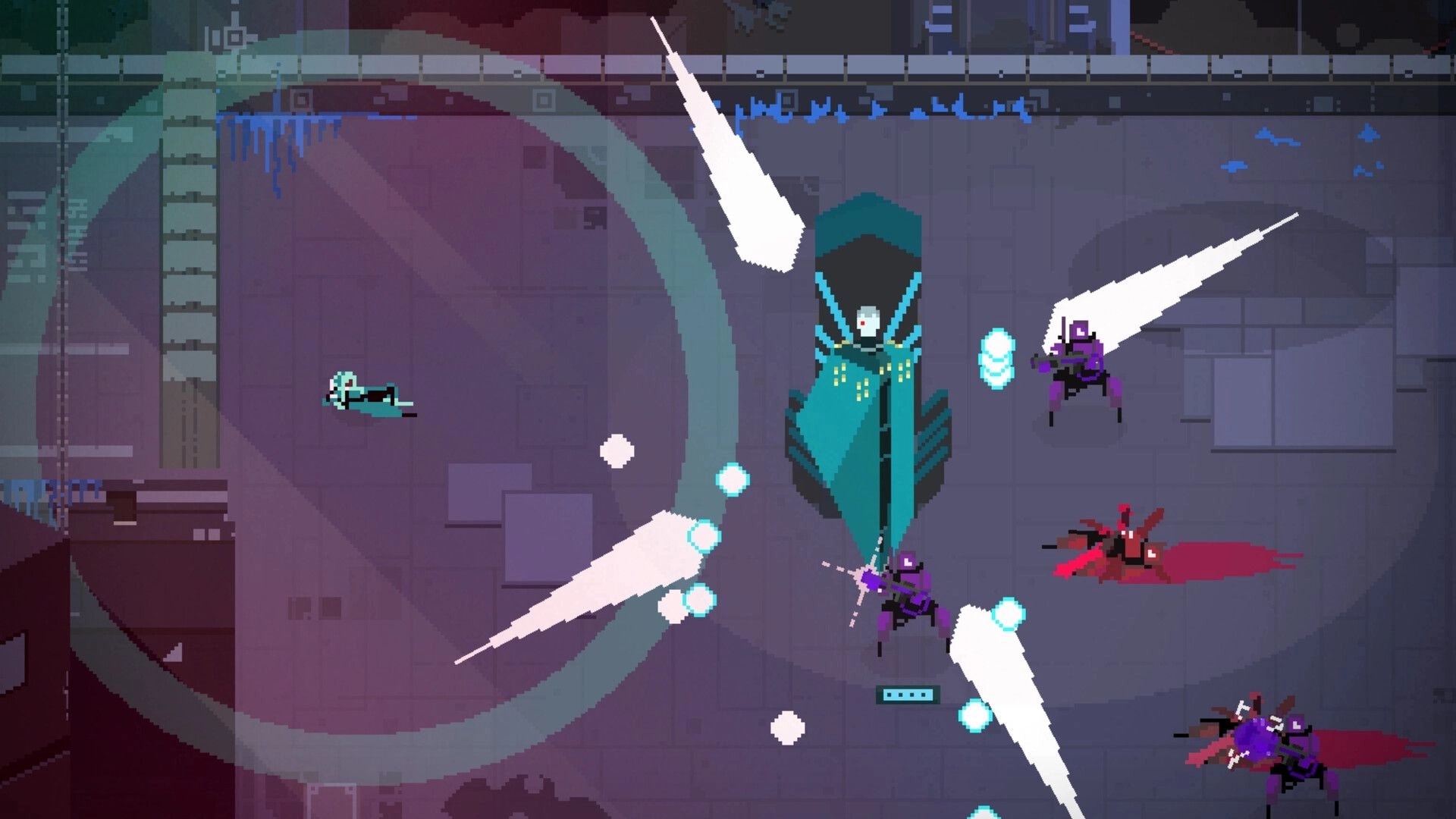 Fully Automated: Top-down battle with player facing multiple enemies in a futuristic, industrial arena