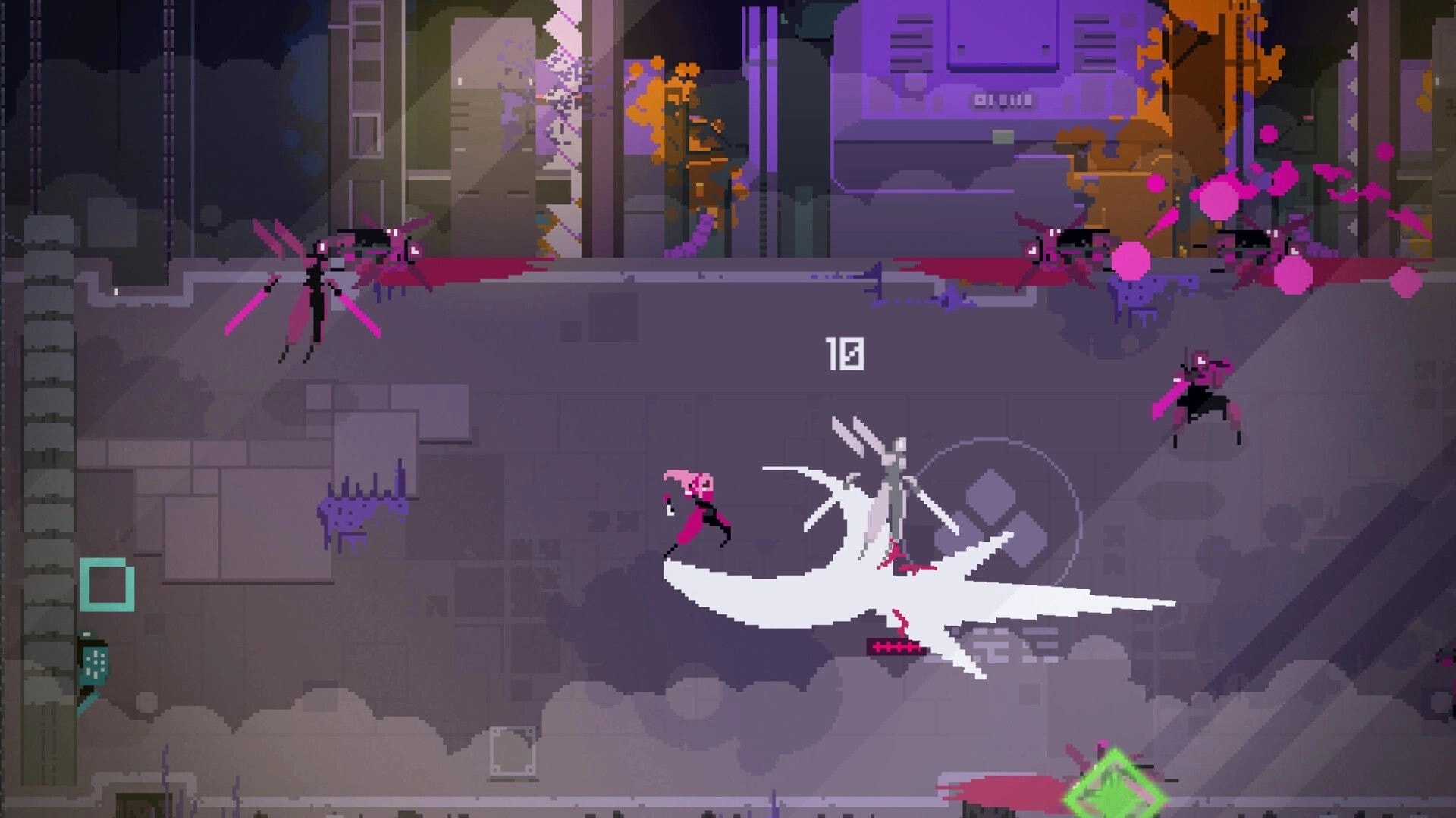 Fully Automated: Player character battling enemies in a futuristic industrial environment with score UI