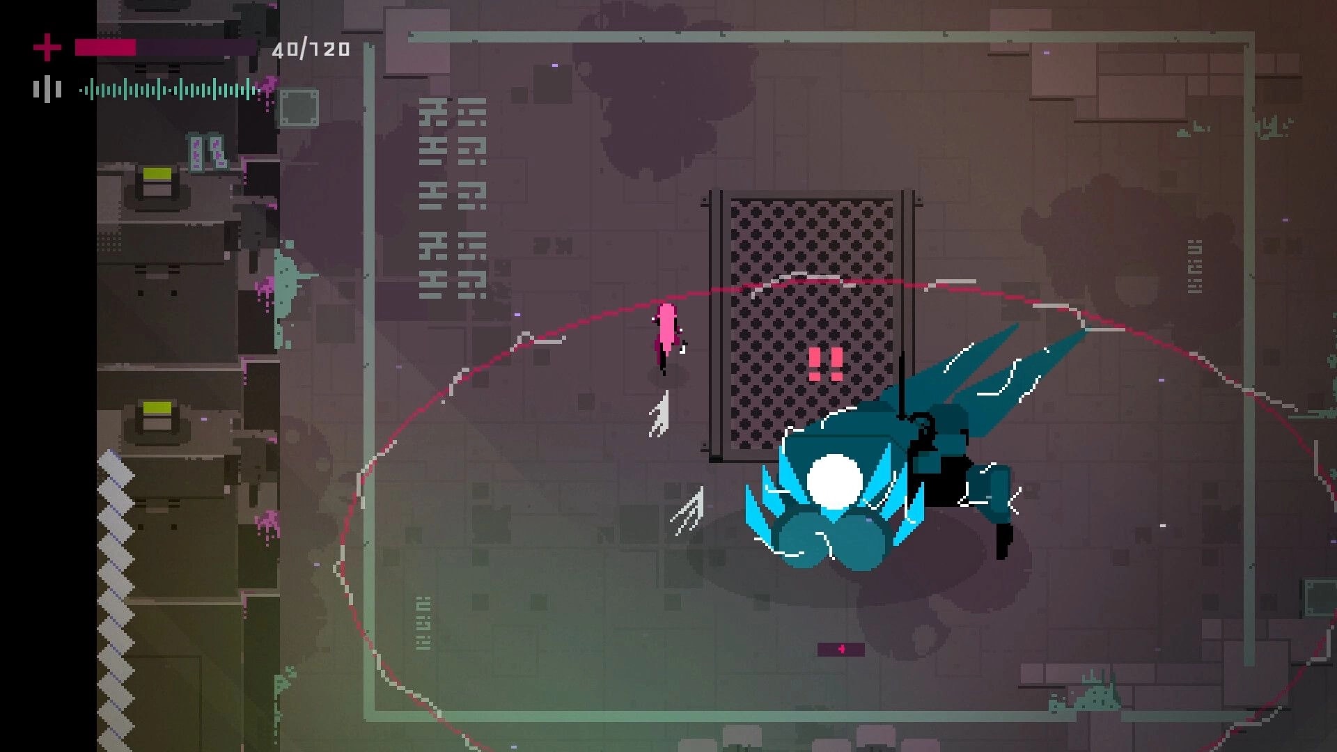 Fully Automated: Character facing off against a large blue creature in a dimly lit industrial arena